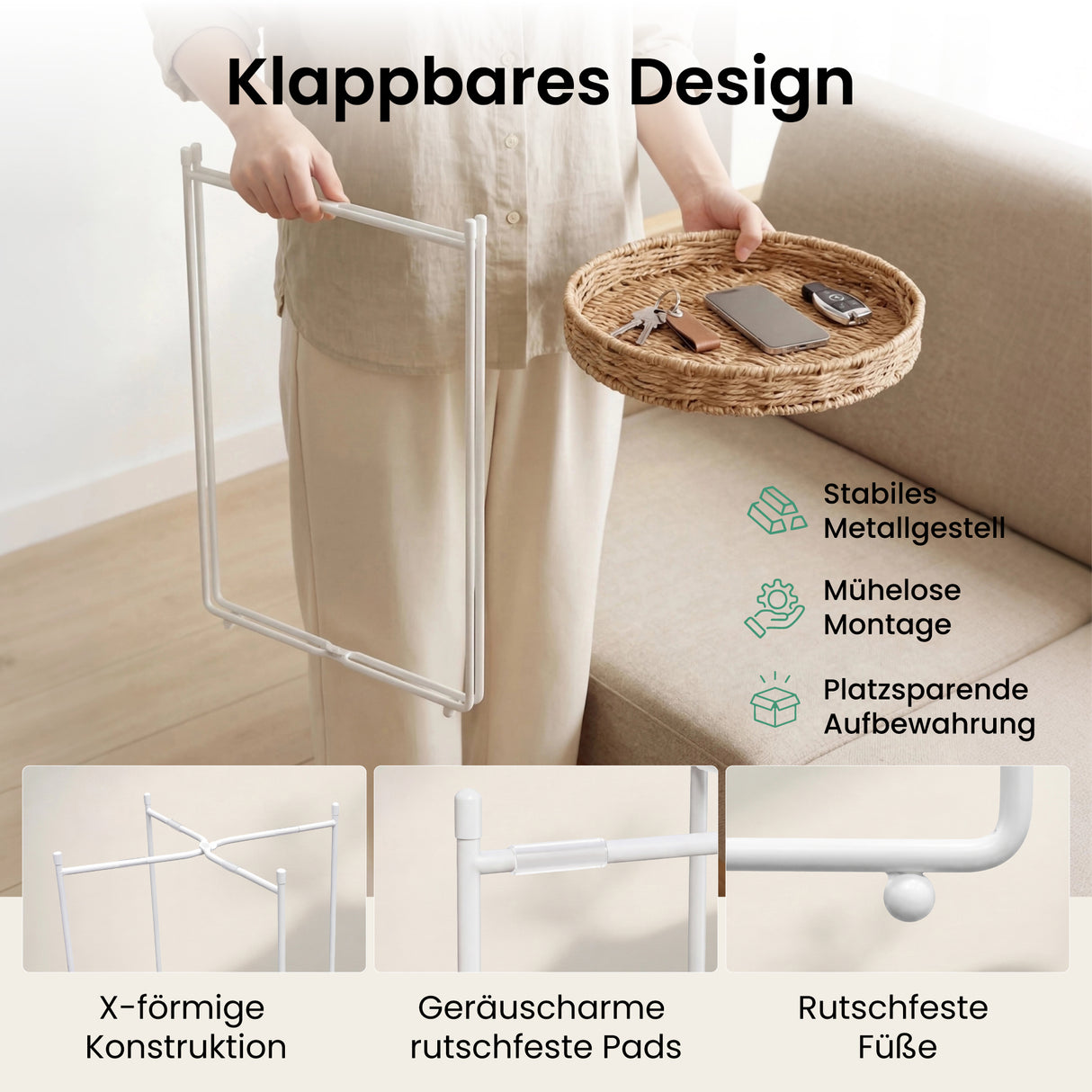 glasvilla Beistelltisch rund , Couchtisch klein mit abnehmbarem Tablett aus Papierkordel, Sofatisch für Wohnzimmer, Schlafzimmer und Balkon, Reglo-08