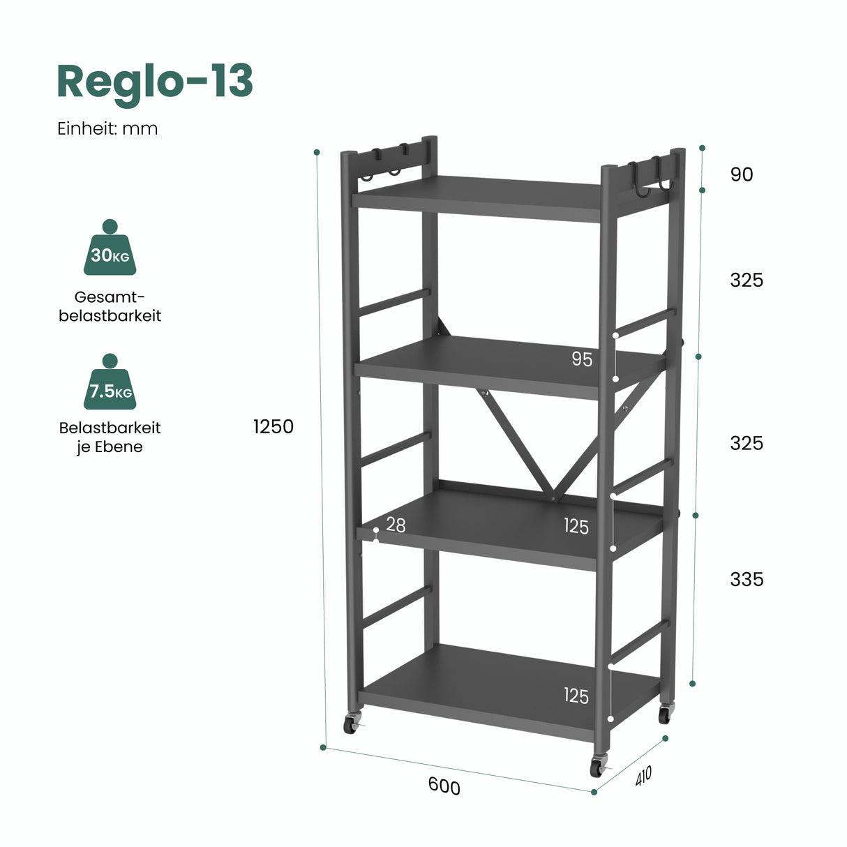 Glasvilla küchenregal stehend mit 4 Ebenen, Standregal küchen mit 4 Lenkrollen und Seitlichen Haken, Küchen Organizer für Mikrowelle, Töpfe & Gewürze, Reglo-13