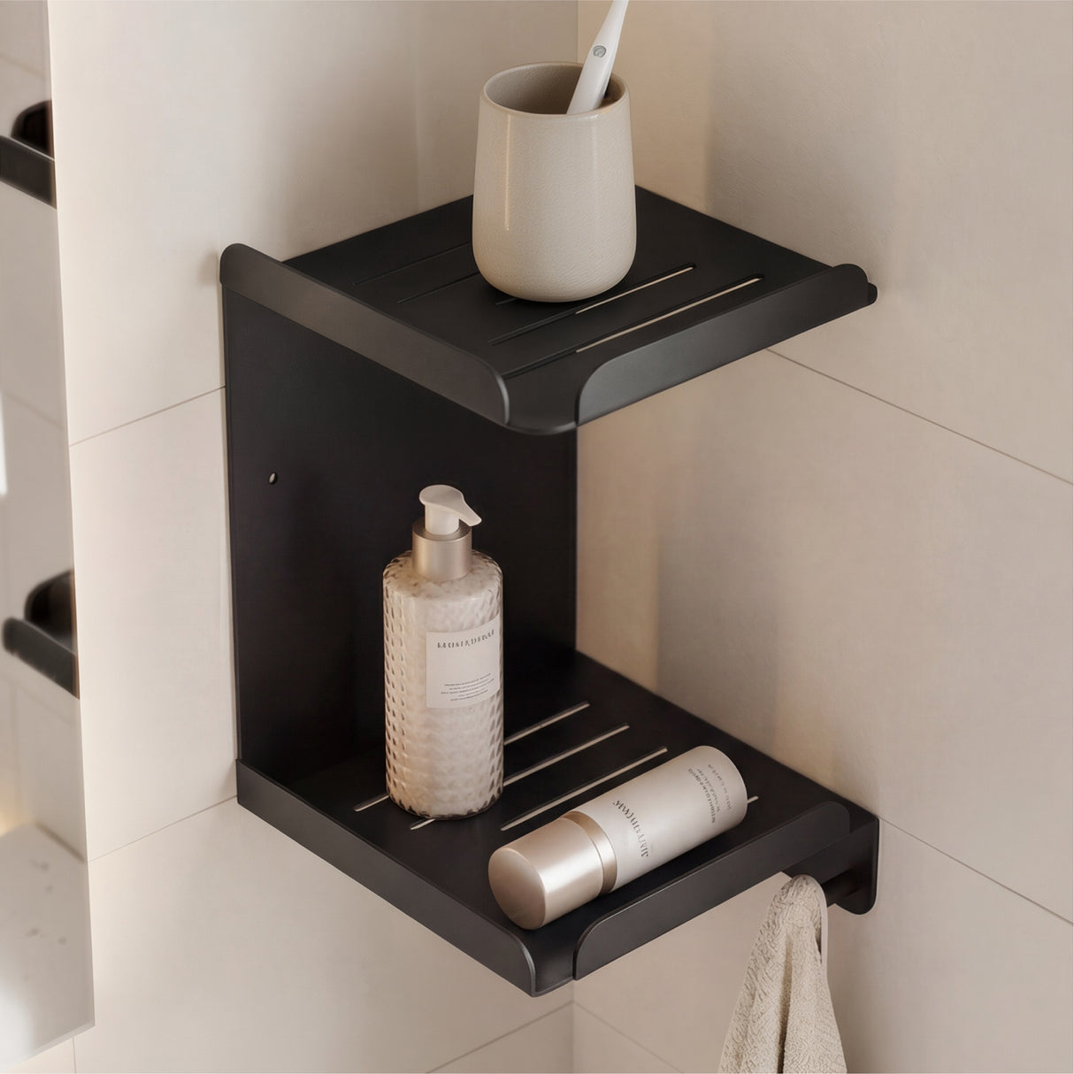 glasvilla Duschablage zum Bohren oder Kleben, Duschregal mit 3 Haken, Badezimmerablage zur Wandmontage, Badezimmer Organizer Reglo-14