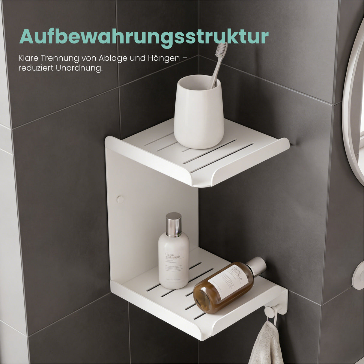 glasvilla Duschablage zum Bohren oder Kleben, Duschregal mit 3 Haken, Badezimmerablage zur Wandmontage, Badezimmer Organizer Reglo-14