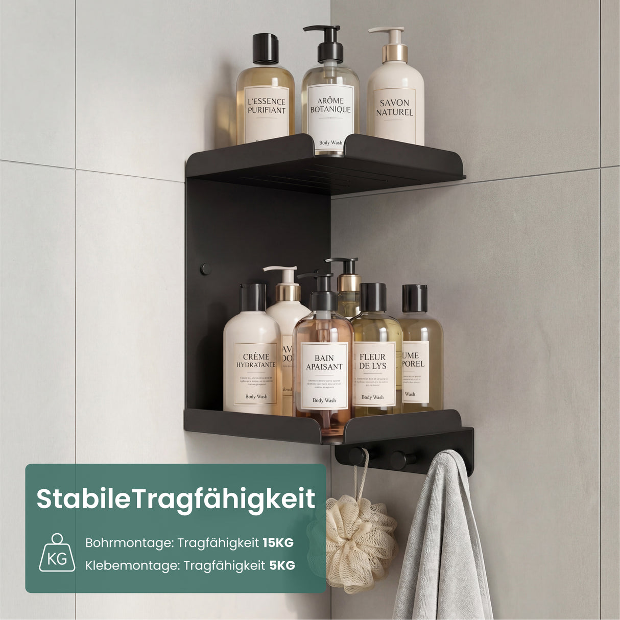 glasvilla Duschablage zum Bohren oder Kleben, Duschregal mit 3 Haken, Badezimmerablage zur Wandmontage, Badezimmer Organizer Reglo-14