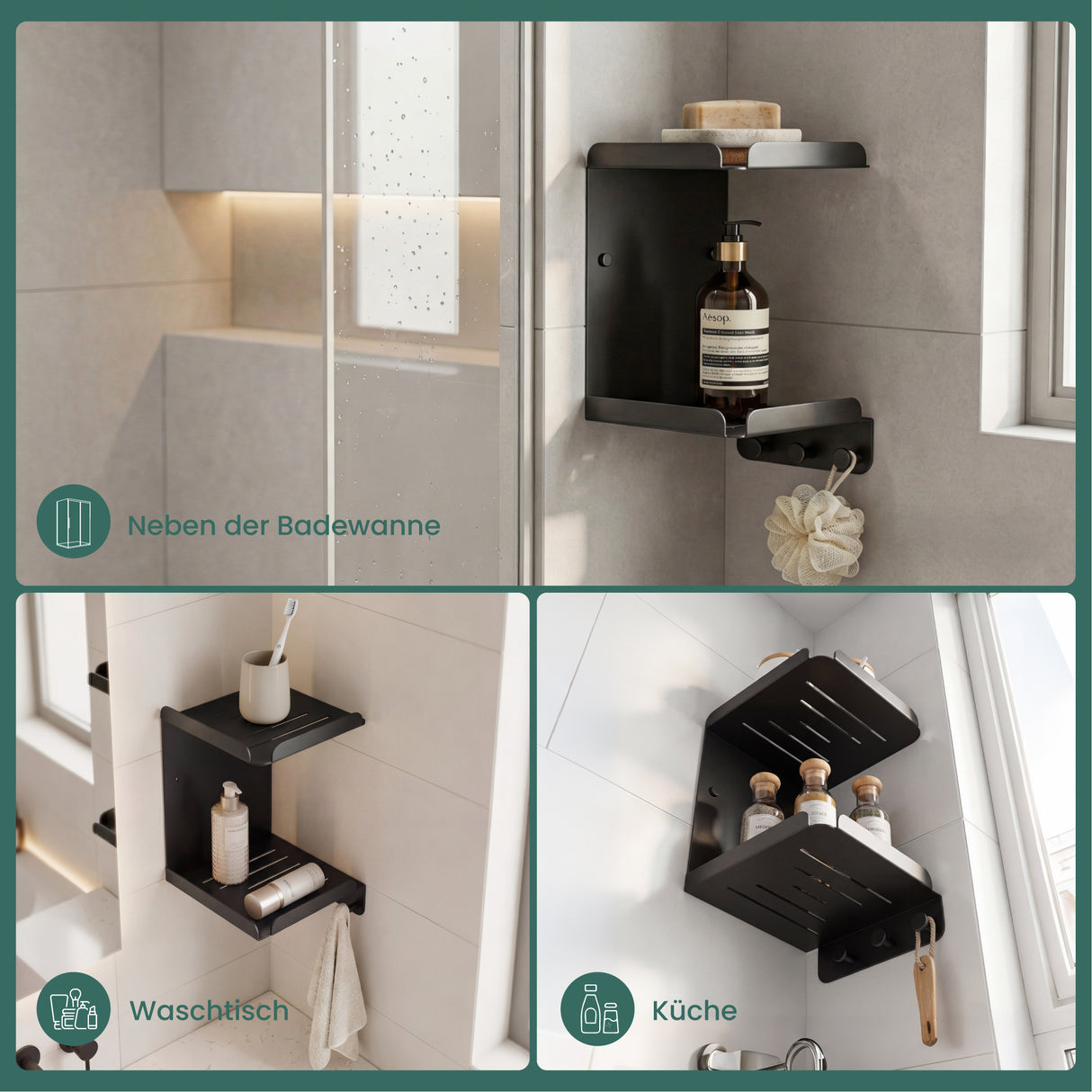 glasvilla Duschablage zum Bohren oder Kleben, Duschregal mit 3 Haken, Badezimmerablage zur Wandmontage, Badezimmer Organizer Reglo-14