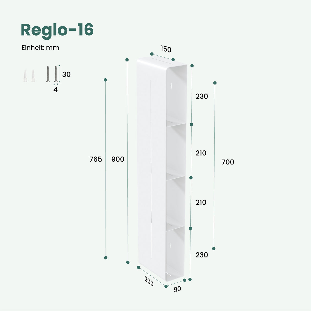 Glasvilla Duschregal mit 4 Ablagen, Duschablage schmal, Wandregal Shampoo Halterung für Dusche, Badezimmer Organizer Reglo-16