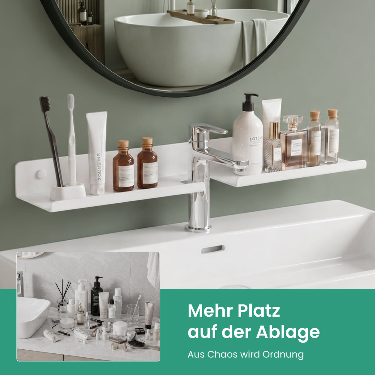 Glasvilla Duschregal zum Bohren oder Kleben, Waschbeckenregal über Wasserhahn, Wandregal für Küche und Bad, Badezimmer Organizer Reglo-17