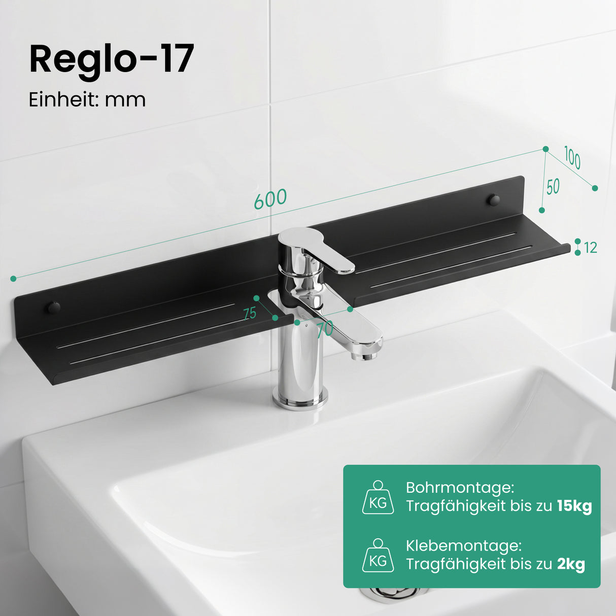 Glasvilla Duschregal zum Bohren oder Kleben, Waschbeckenregal über Wasserhahn, Wandregal für Küche und Bad, Badezimmer Organizer Reglo-17