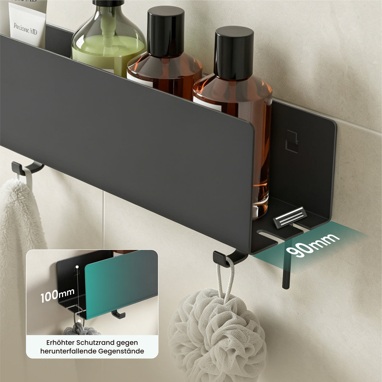 glasvilla Duschablage ohne Bohren mit 2 Schiebehaken, Reglo-18 40cm | Duschregal ohne Bohren oder mit Bohren, Ablaufdesign Badezimmer Organizer, Metall, Shampoo Halterung für Dusche, Bad & Küche