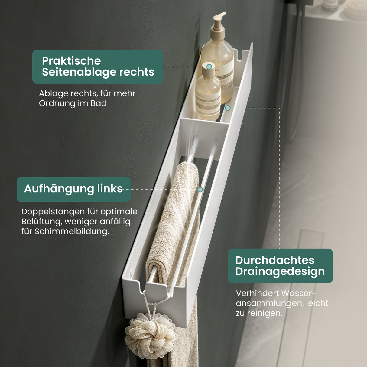 glasvilla Duschablage ohne Bohren mit Handtuchhalter, 60cm Reglo-18 | Duschregal ohne Bohren oder mit Bohren, Drainage, Duschablage zum Hängen, Metall, Shampoo Halterung für Dusche, Bad, Küche