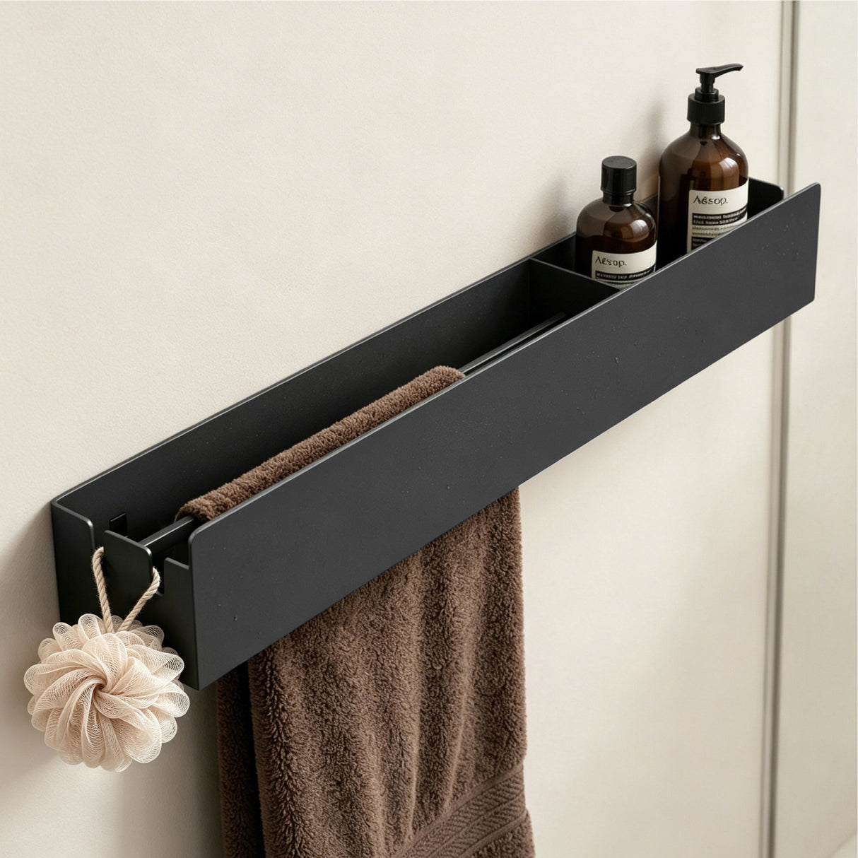 glasvilla Duschablage ohne Bohren mit Handtuchhalter, 60cm Reglo-18 | Duschregal ohne Bohren oder mit Bohren, Drainage, Duschablage zum Hängen, Metall, Shampoo Halterung für Dusche, Bad, Küche