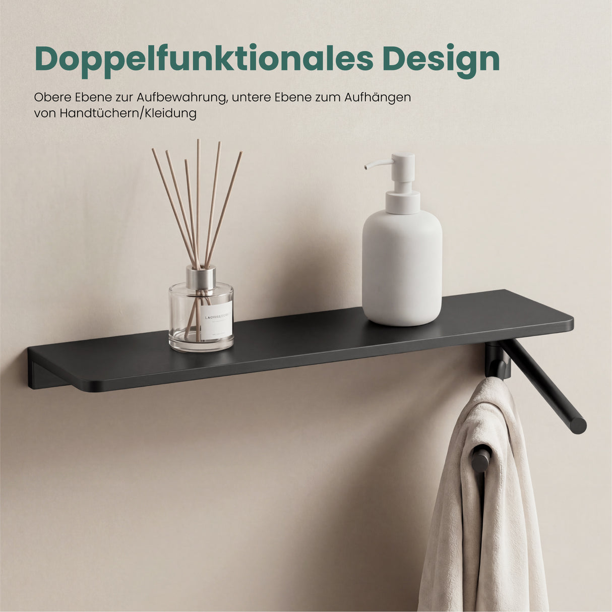 glasvilla Duschablage zum Bohren, Duschregal mit 2 Handtuchstangen aus Aluminiumlegierung, Badezimmerablage zur Wandmontage, Badezimmer Organizer Reglo-19
