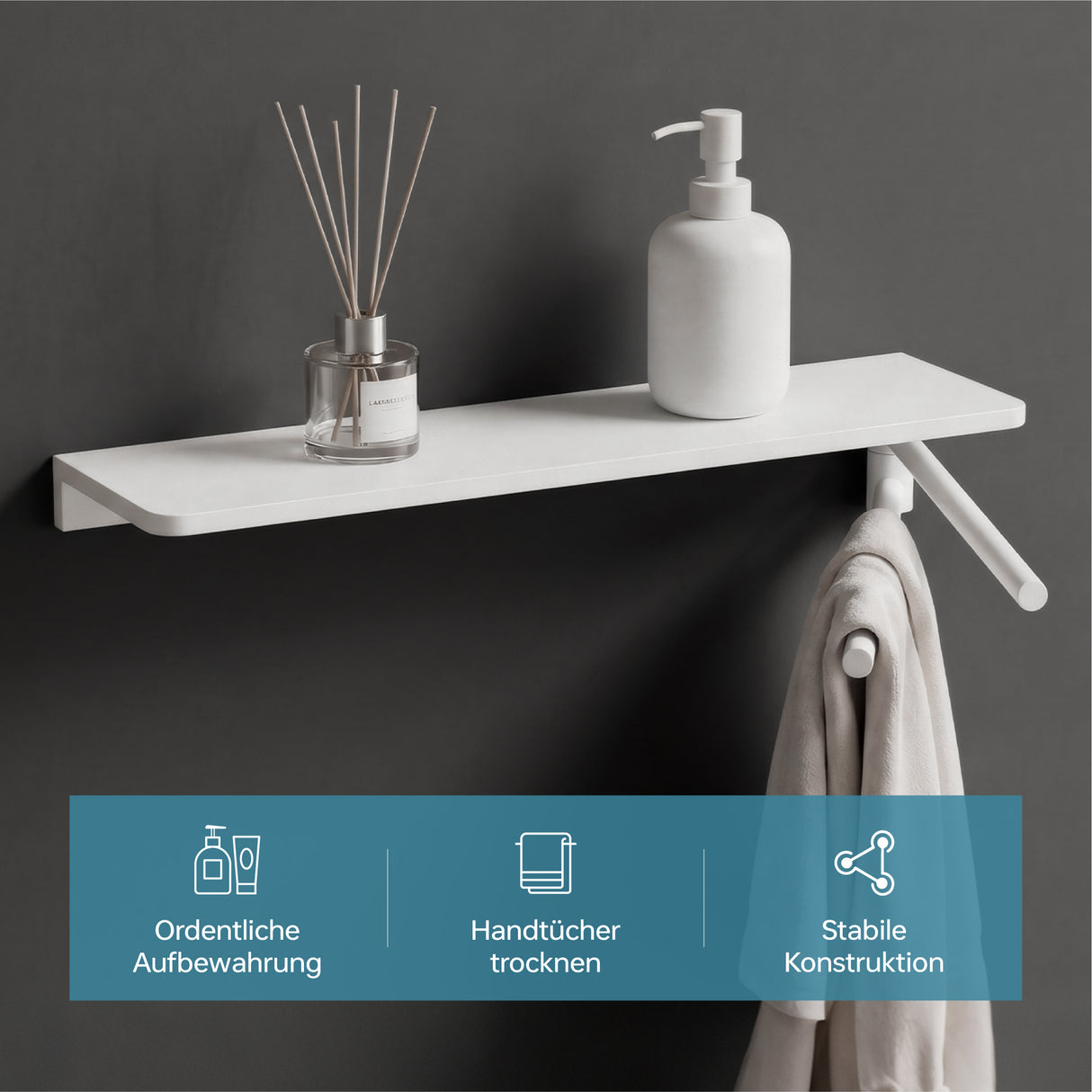 glasvilla Duschablage zum Bohren, Duschregal mit 2 Handtuchstangen aus Aluminiumlegierung, Badezimmerablage zur Wandmontage, Badezimmer Organizer Reglo-19