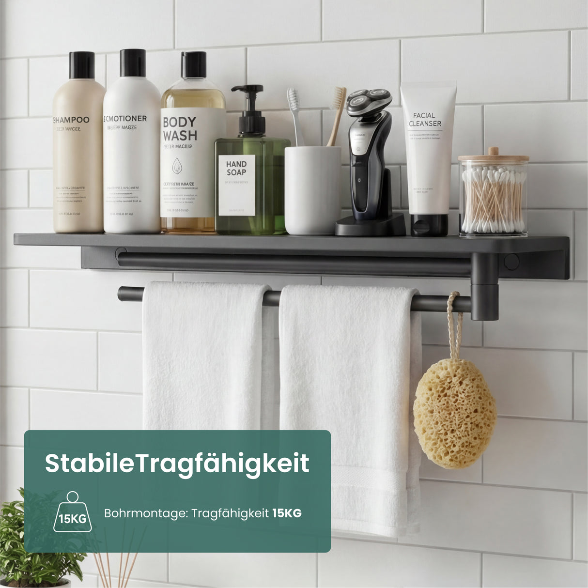 glasvilla Duschablage zum Bohren, Duschregal mit 2 Handtuchstangen aus Aluminiumlegierung, Badezimmerablage zur Wandmontage, Badezimmer Organizer Reglo-19