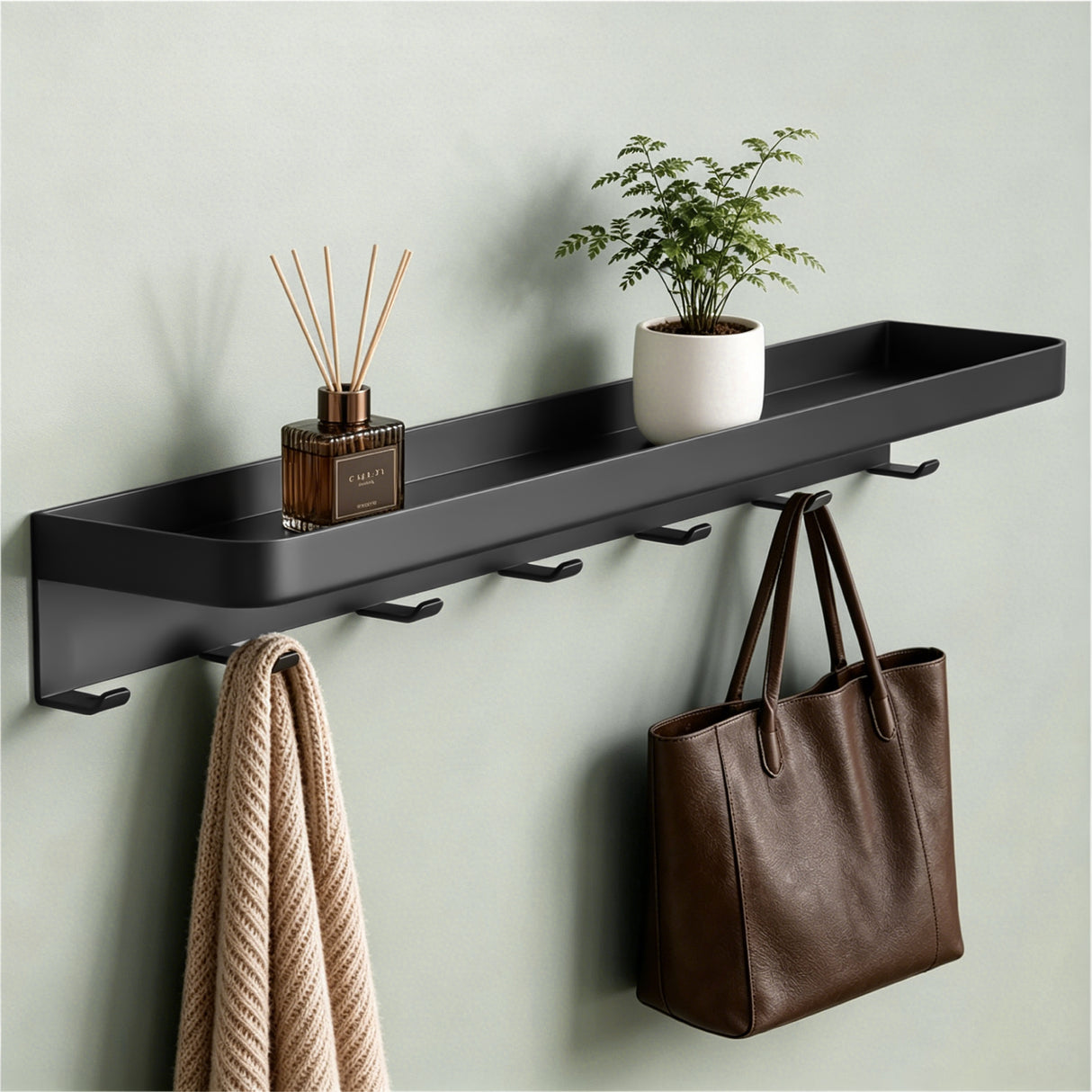 glasvilla Wandgarderobe mit Ablage, Garderobenleiste 50cm, Reglo-20 | Inkl.7 Garderobenhaken; als Wandhaken oder Kleiderhaken, Klebe- oder Bohrmontage, für Bad, Küche, Flur