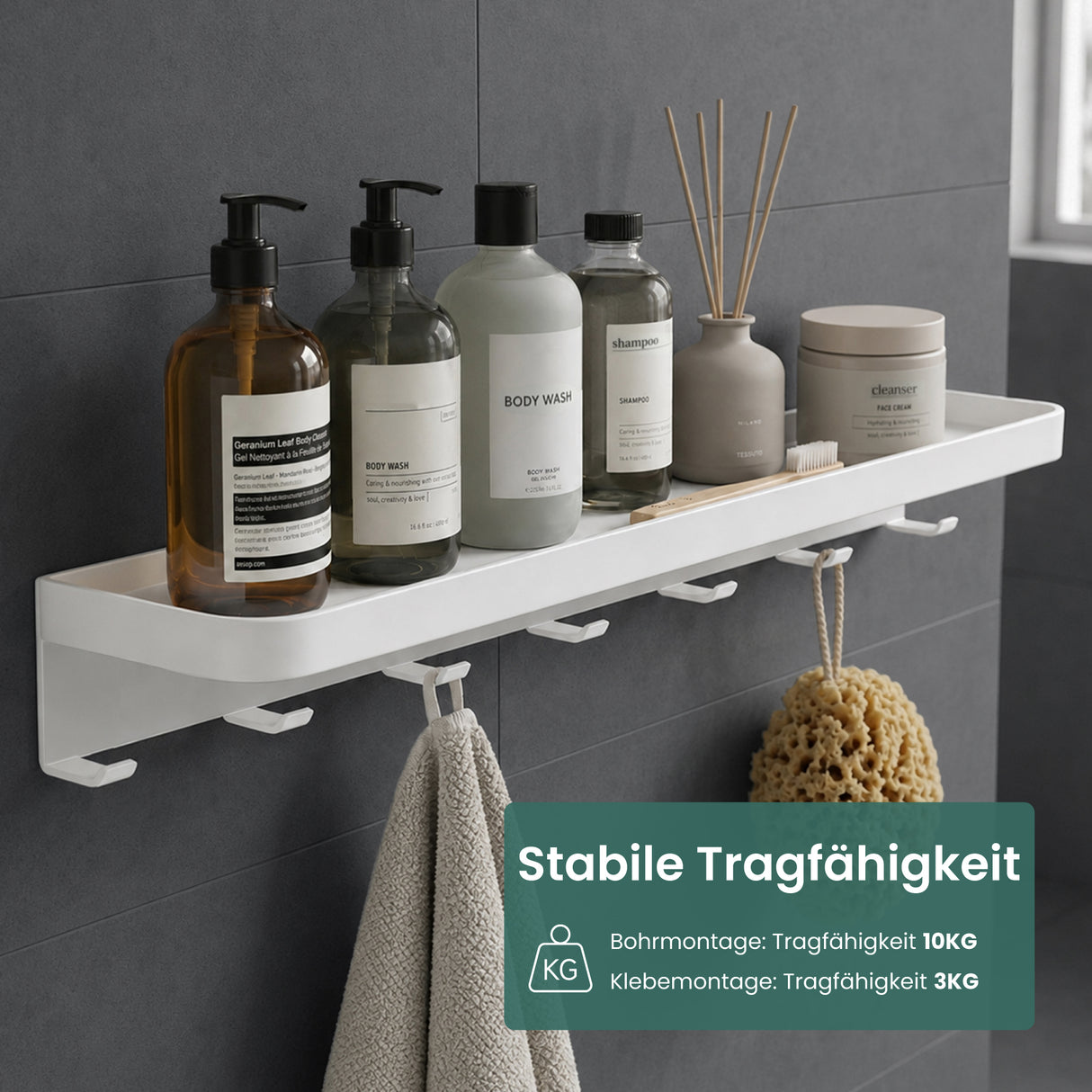glasvilla Wandgarderobe mit Ablage, Garderobenleiste 50cm, Reglo-20 | Inkl.7 Garderobenhaken; als Wandhaken oder Kleiderhaken, Klebe- oder Bohrmontage, für Bad, Küche, Flur