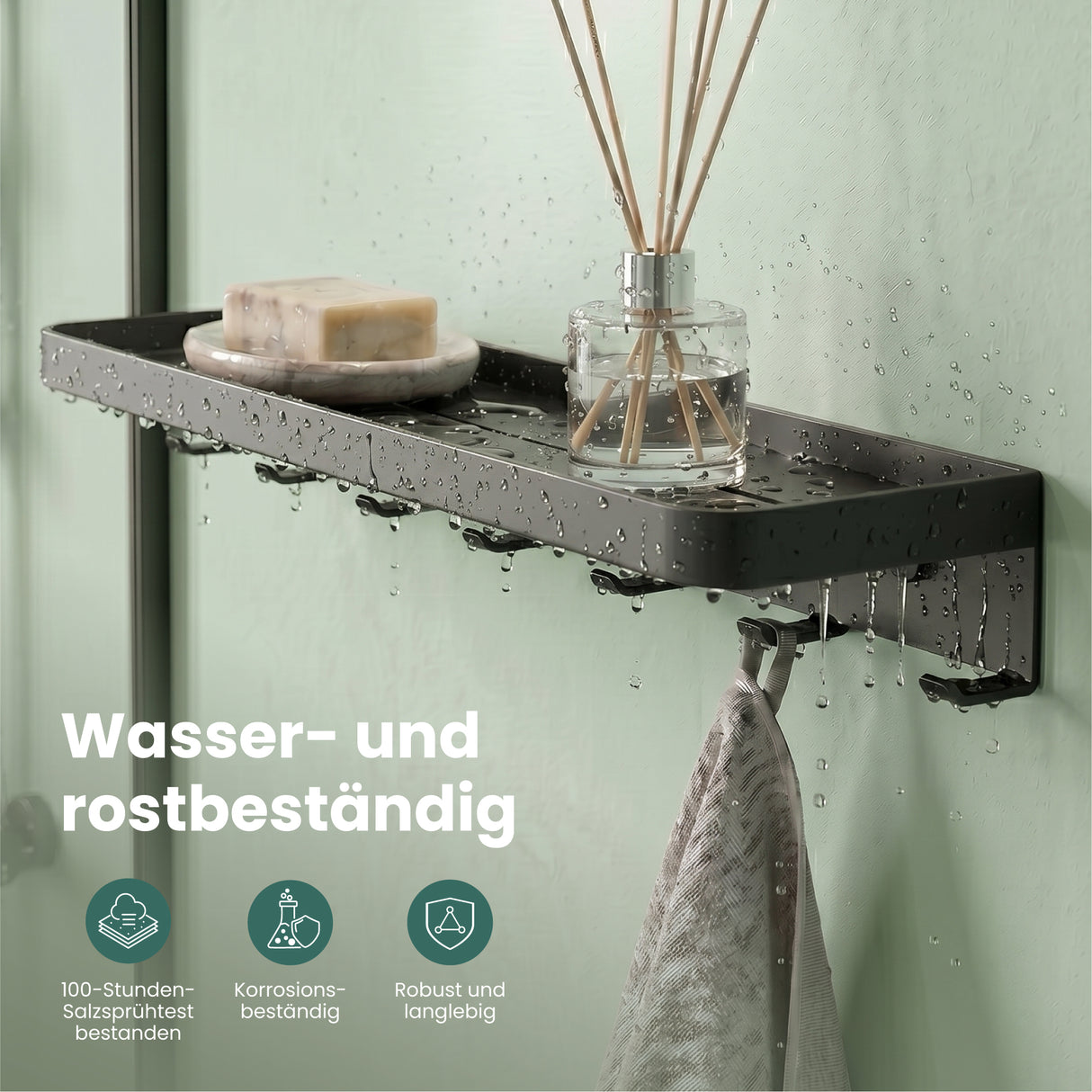 glasvilla Wandgarderobe mit Ablage, Garderobenleiste 50cm, Reglo-20 | Inkl.7 Garderobenhaken; als Wandhaken oder Kleiderhaken, Klebe- oder Bohrmontage, für Bad, Küche, Flur