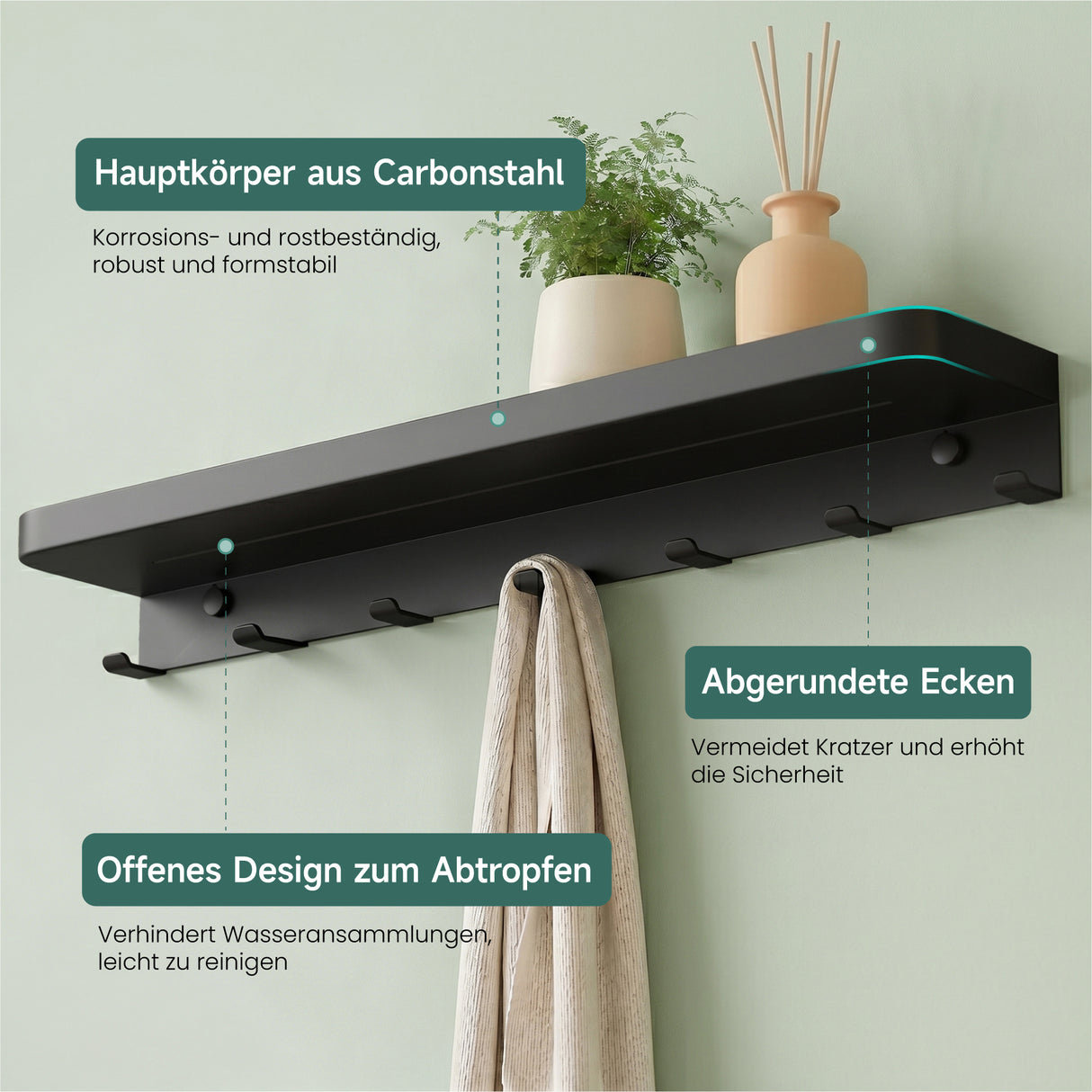 glasvilla Wandgarderobe mit Ablage, Garderobenleiste 50cm, Reglo-20 | Inkl.7 Garderobenhaken; als Wandhaken oder Kleiderhaken, Klebe- oder Bohrmontage, für Bad, Küche, Flur