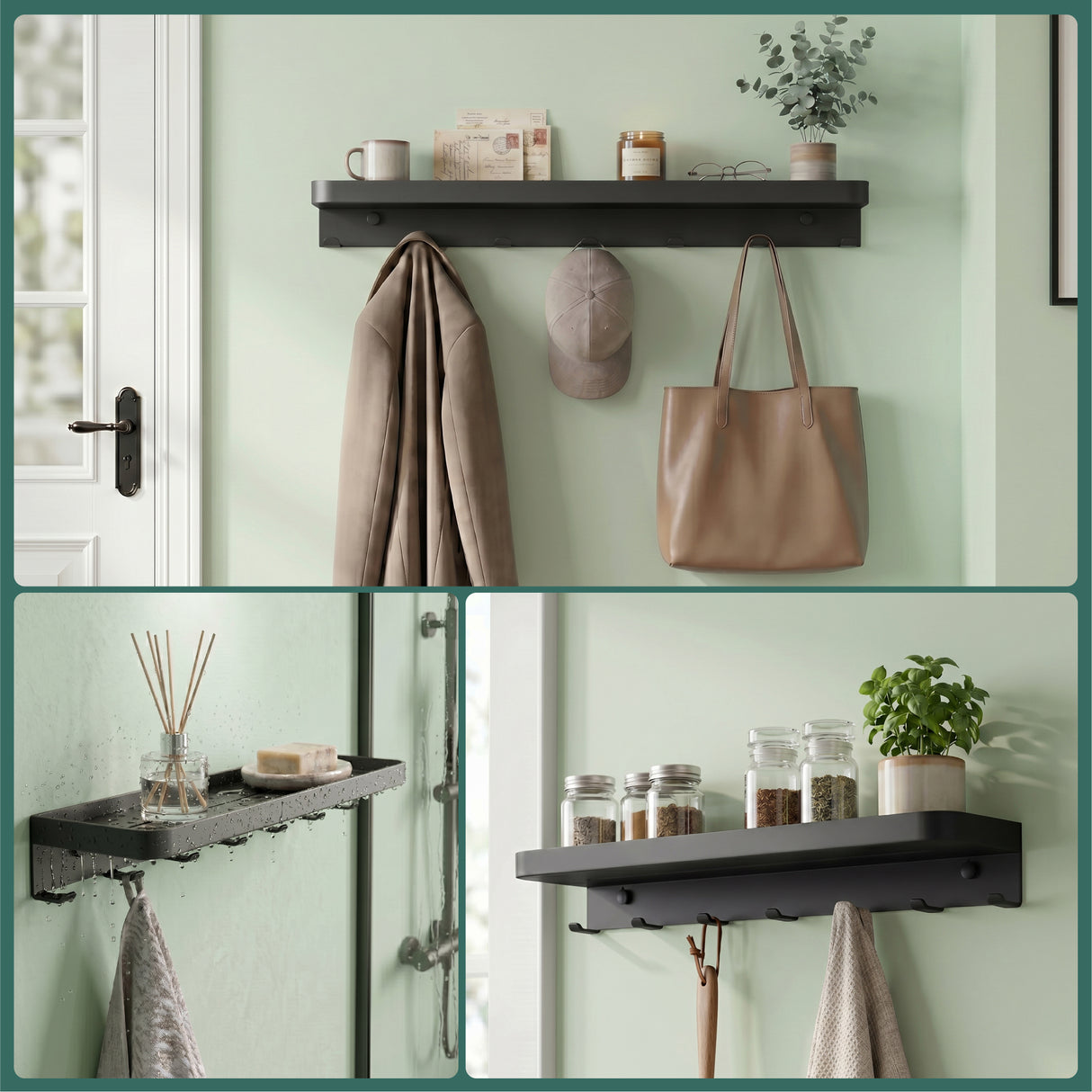 glasvilla Wandgarderobe mit Ablage, Garderobenleiste 50cm, Reglo-20 | Inkl.7 Garderobenhaken; als Wandhaken oder Kleiderhaken, Klebe- oder Bohrmontage, für Bad, Küche, Flur