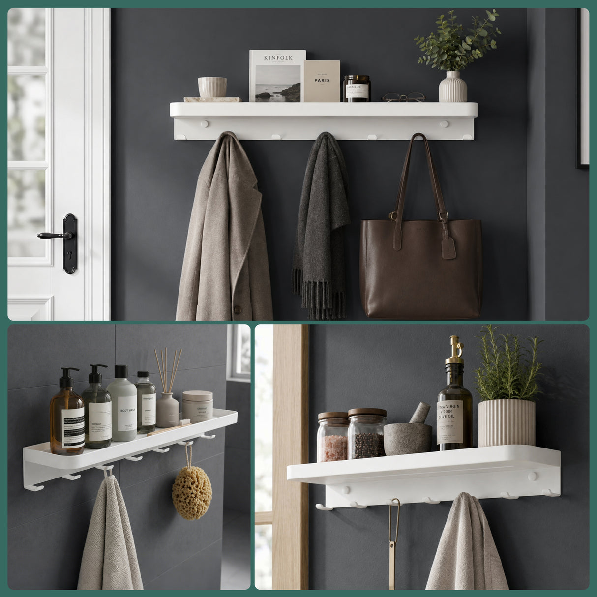 glasvilla Wandgarderobe mit Ablage, Garderobenleiste 50cm, Reglo-20 | Inkl.7 Garderobenhaken; als Wandhaken oder Kleiderhaken, Klebe- oder Bohrmontage, für Bad, Küche, Flur