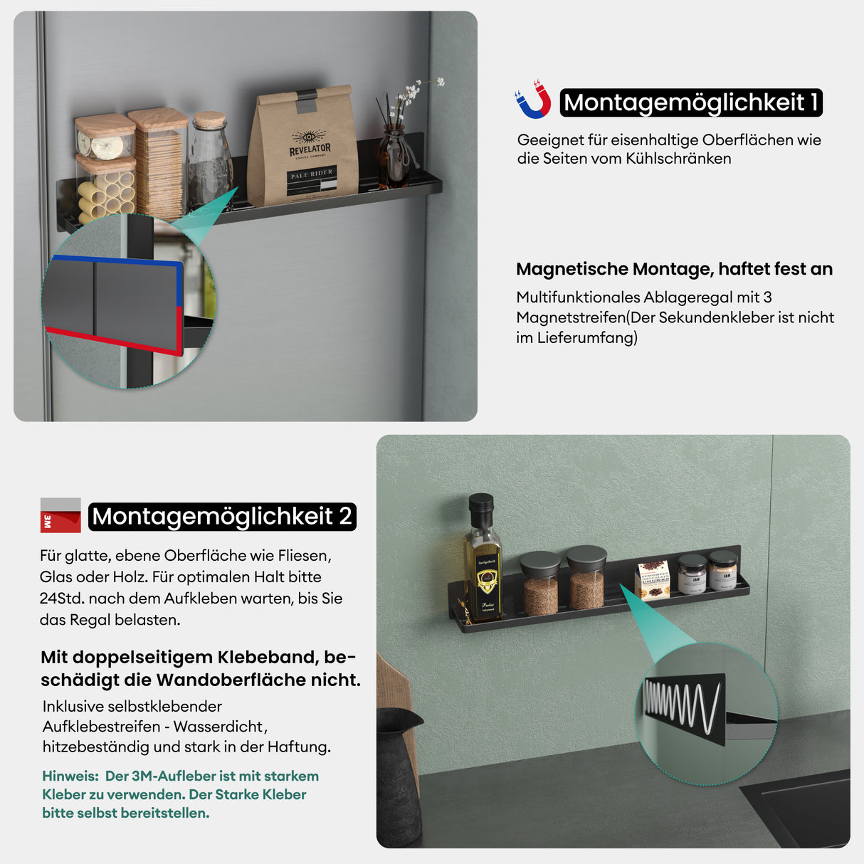 glasvolla Duschablage ohne Bohren, Duschregal magnetisch, selbstklebende Badezimmerablage zur Wandmontage 60cm Reglo-01