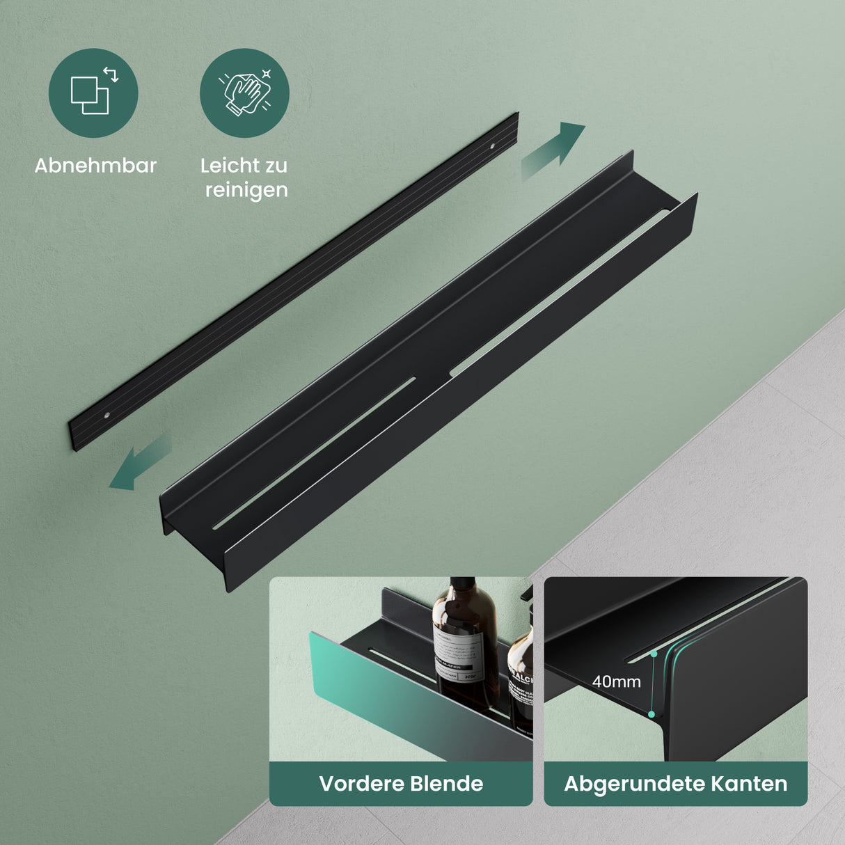 glasvolla Duschablage zum Bohren oder Kleben Duschregal Badablage 40cm Badezimmerablage zur Wandmontage Badezimmer Organizer Reglo-03