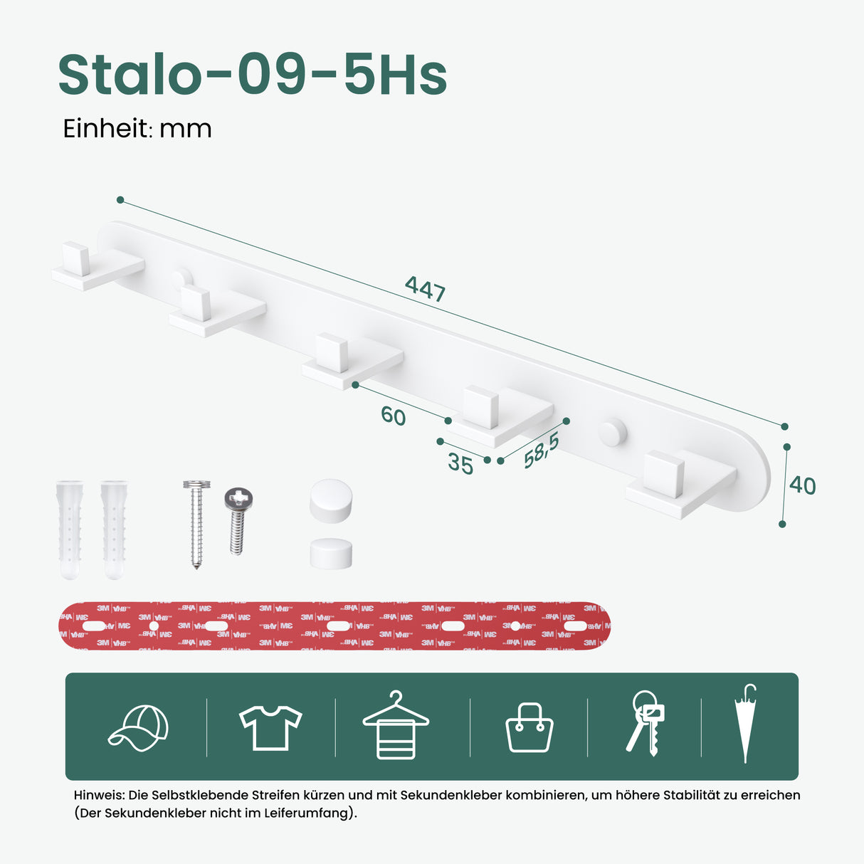 Glasvilla Design – Ganchos de pared de acero inoxidable Stalo-08 / Stalo-09 con montaje adhesivo o atornillado