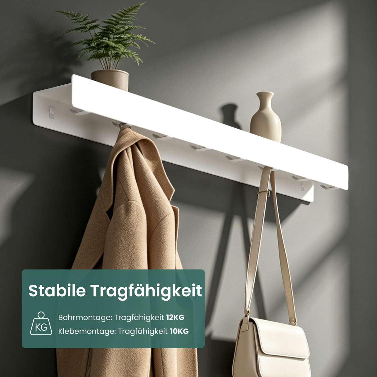 glasvilla Wandgarderobe mit Ablage und 8 Haken, Garderobenleiste mit versteckten Kleiderhaken, Kleiderstange Wandmontage Stalo-11
