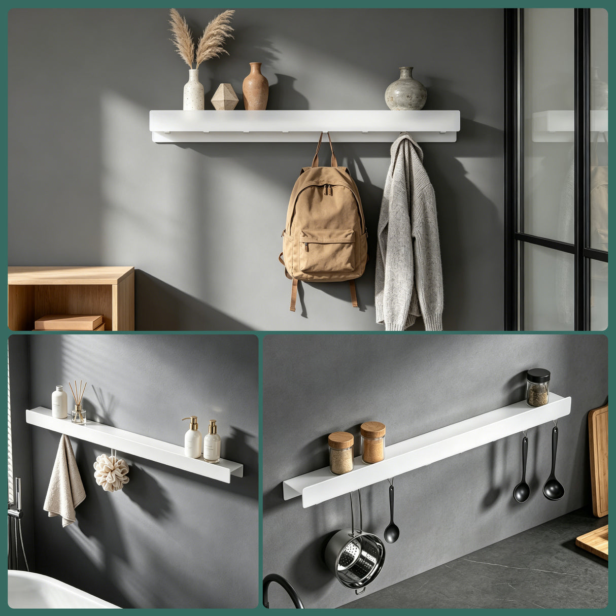 glasvilla Wandgarderobe mit Ablage und 8 Haken, Garderobenleiste mit versteckten Kleiderhaken, Kleiderstange Wandmontage Stalo-11