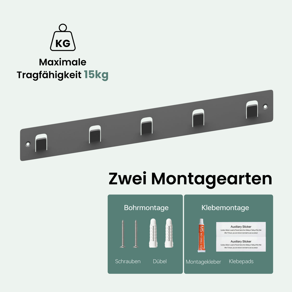 glasvilla Kleiderhaken ohne Bohren Wandgarderobe Wandhaken mit 5 Haken Garderobenleiste Garderobenhaken Stalo-14