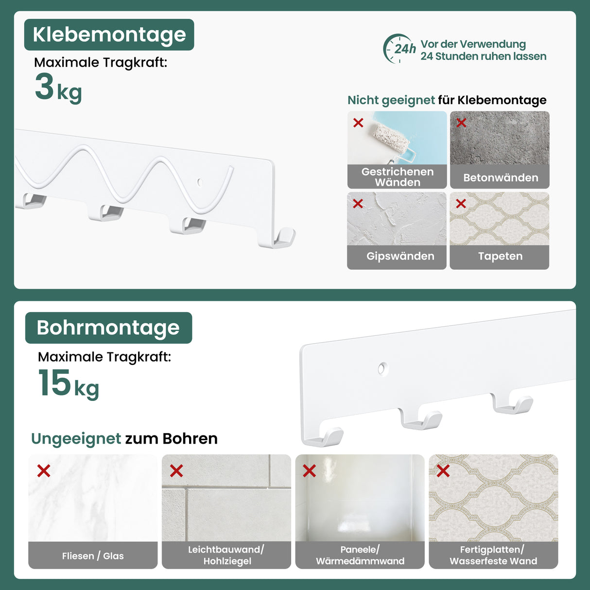 glasvilla Kleiderhaken Garderobenhaken zum Bohren oder Kleben, Wandhaken mit 7 Haken, Garderobenleiste Wandgarderobe Stalo-17