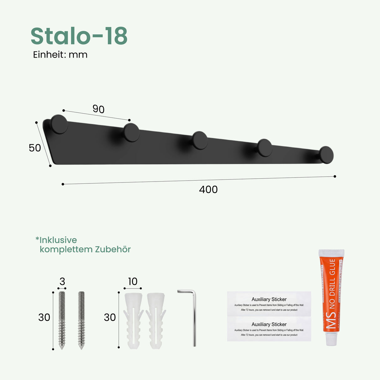 glasvilla Garderobenhaken zum Bohren oder Kleben, Kleiderhaken aus Aluminiumlegierung, Garderobenleiste mit 5 Haken, Hakenleiste Stalo-18