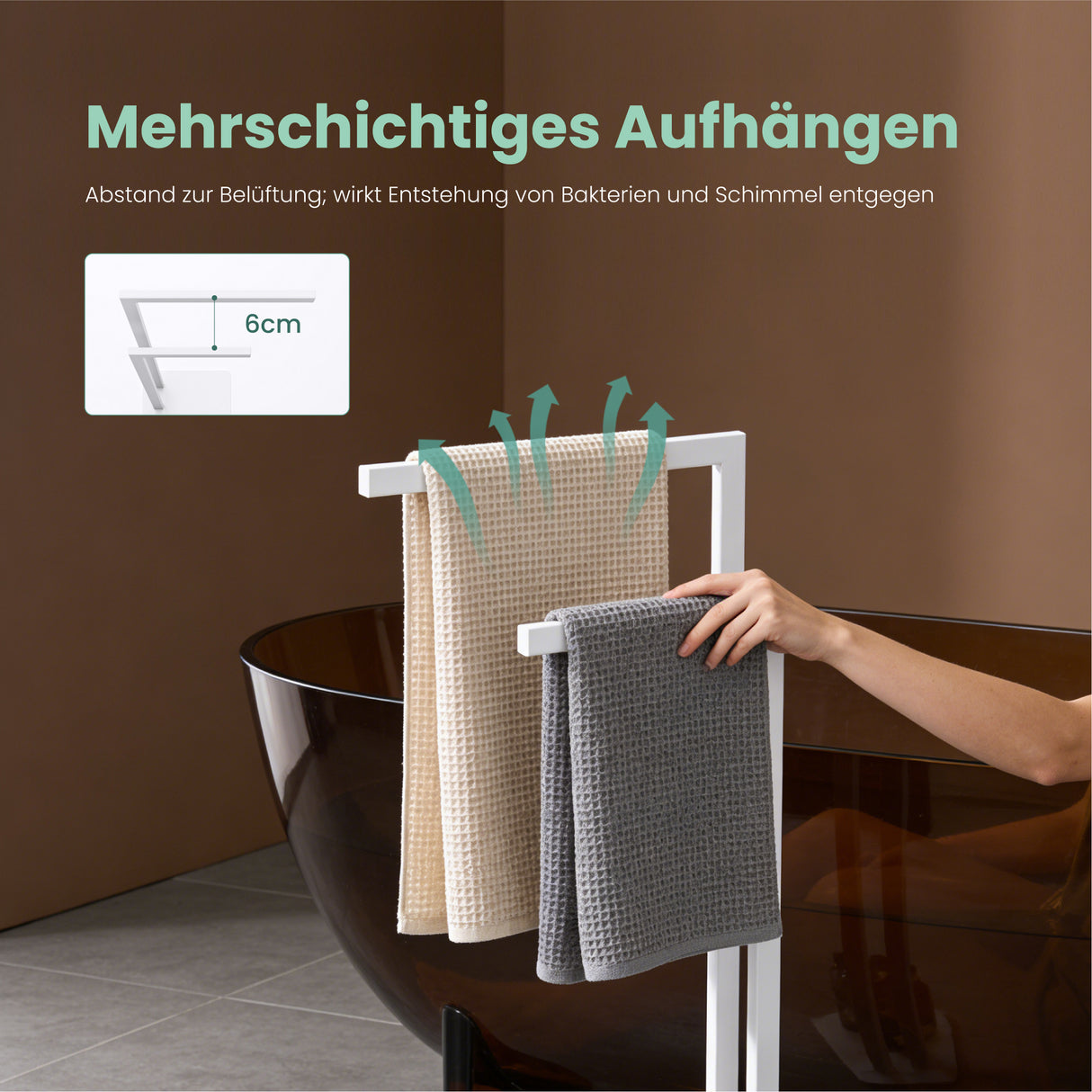 glasvilla Handtuchhalter stehend mit 2 Stangen, Handtuchständer ohne Bohren aus Edelstahl, freistehender Badetuchhalter Tavrin-02