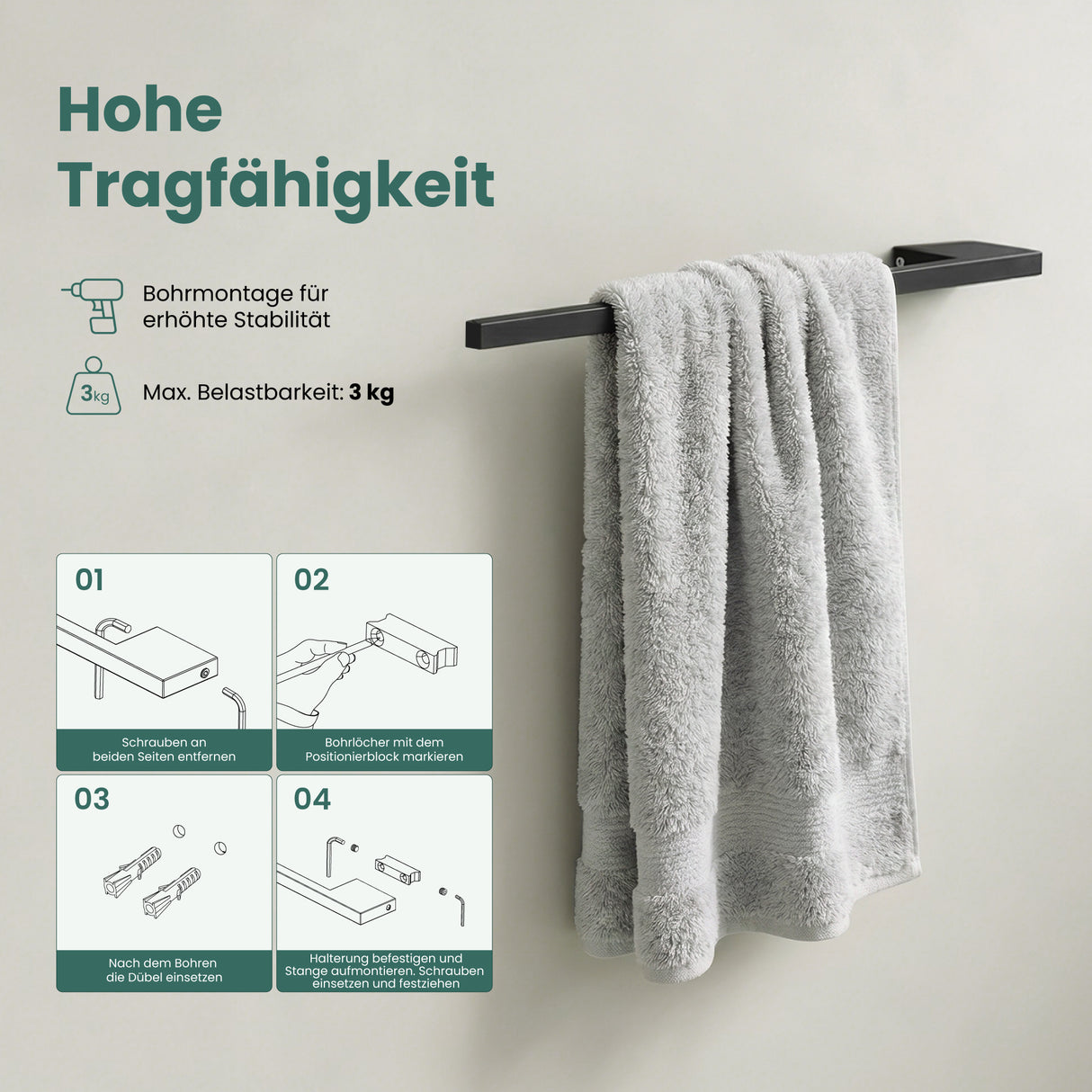 glasvilla Handtuchhalter aus Edelstahl, Handtuchstange 38cm | Hantuchhalterung Wandmontage für Bad & Küche, Badetuchhalter Einarmig Tavrin-05