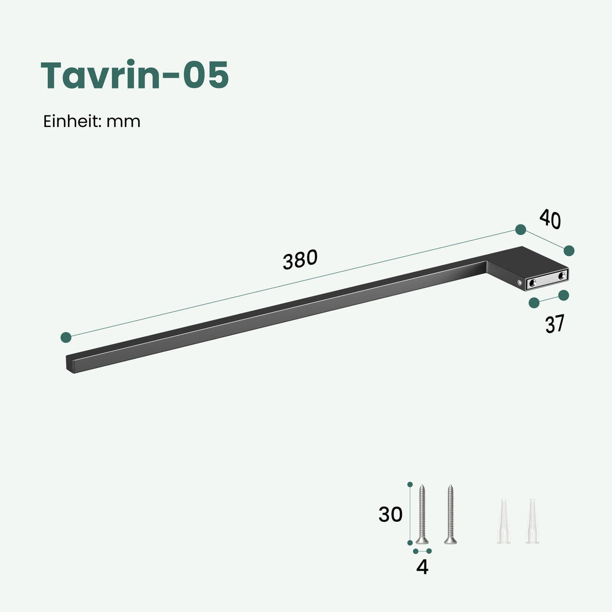 glasvilla Handtuchhalter aus Edelstahl, Handtuchstange 38cm | Hantuchhalterung Wandmontage für Bad & Küche, Badetuchhalter Einarmig Tavrin-05