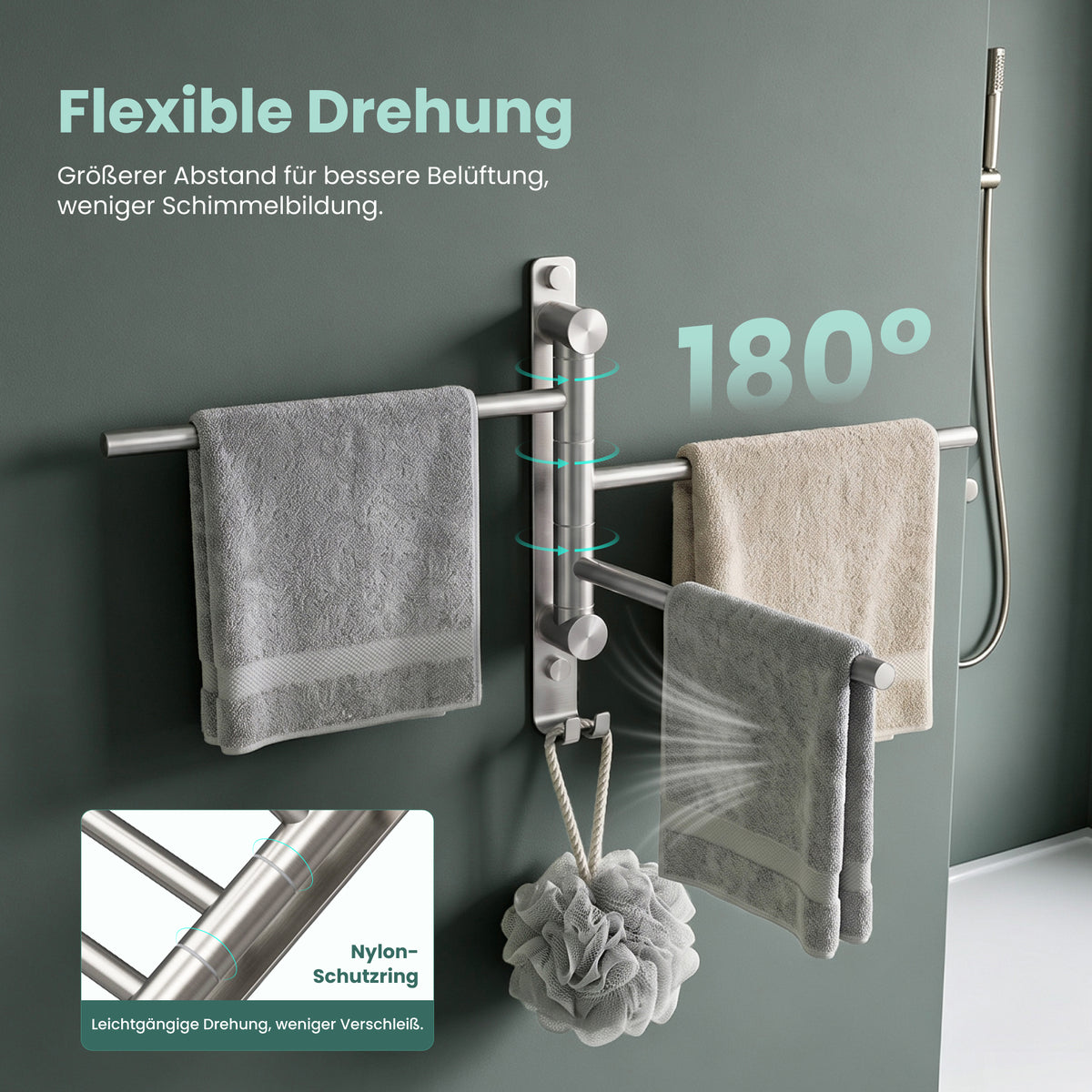 glasvilla Handtuchhalter 180° Schwenkbar 3-armig aus Edelstahl Handtuchhalterung Badetuchhalter ohne Bohren oder mit Bohren, 3-Stangen Handtuchstange für Bad und Küche, Tavrin-06