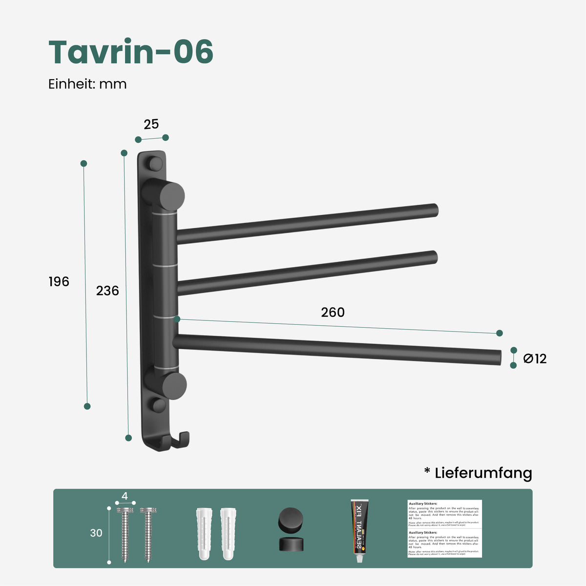glasvilla Handtuchhalter 180° Schwenkbar 3-armig aus Edelstahl Handtuchhalterung Badetuchhalter ohne Bohren oder mit Bohren, 3-Stangen Handtuchstange für Bad und Küche, Tavrin-06