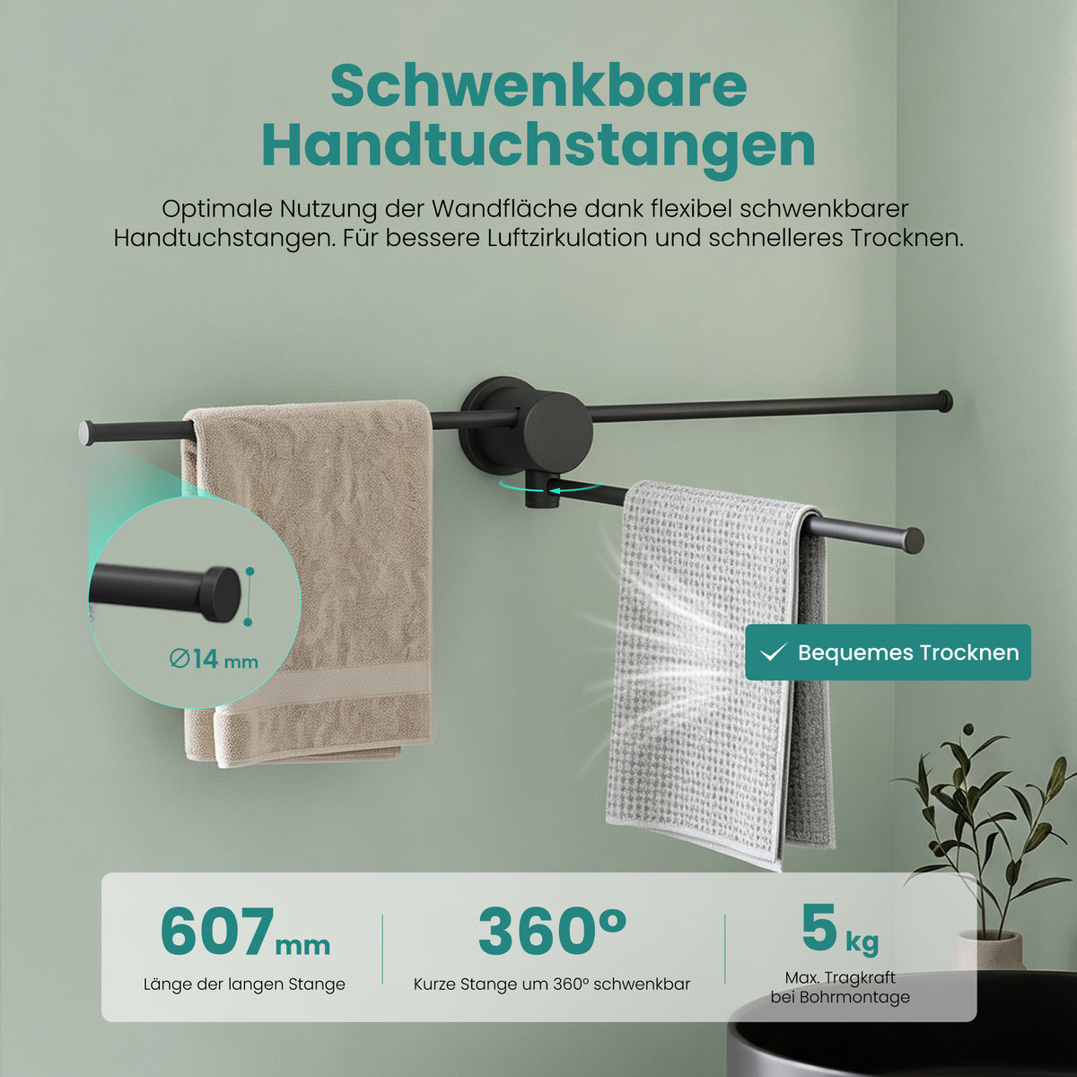 glasvilla Handtuchhalter ohne Bohren, 360° schwenkbar, Wand-Handtuchhalter aus Aluminium, 60,7 cm, selbstklebend oder zum Bohren, verstellbar, für Hand- & Badetücher, Tavrin-08