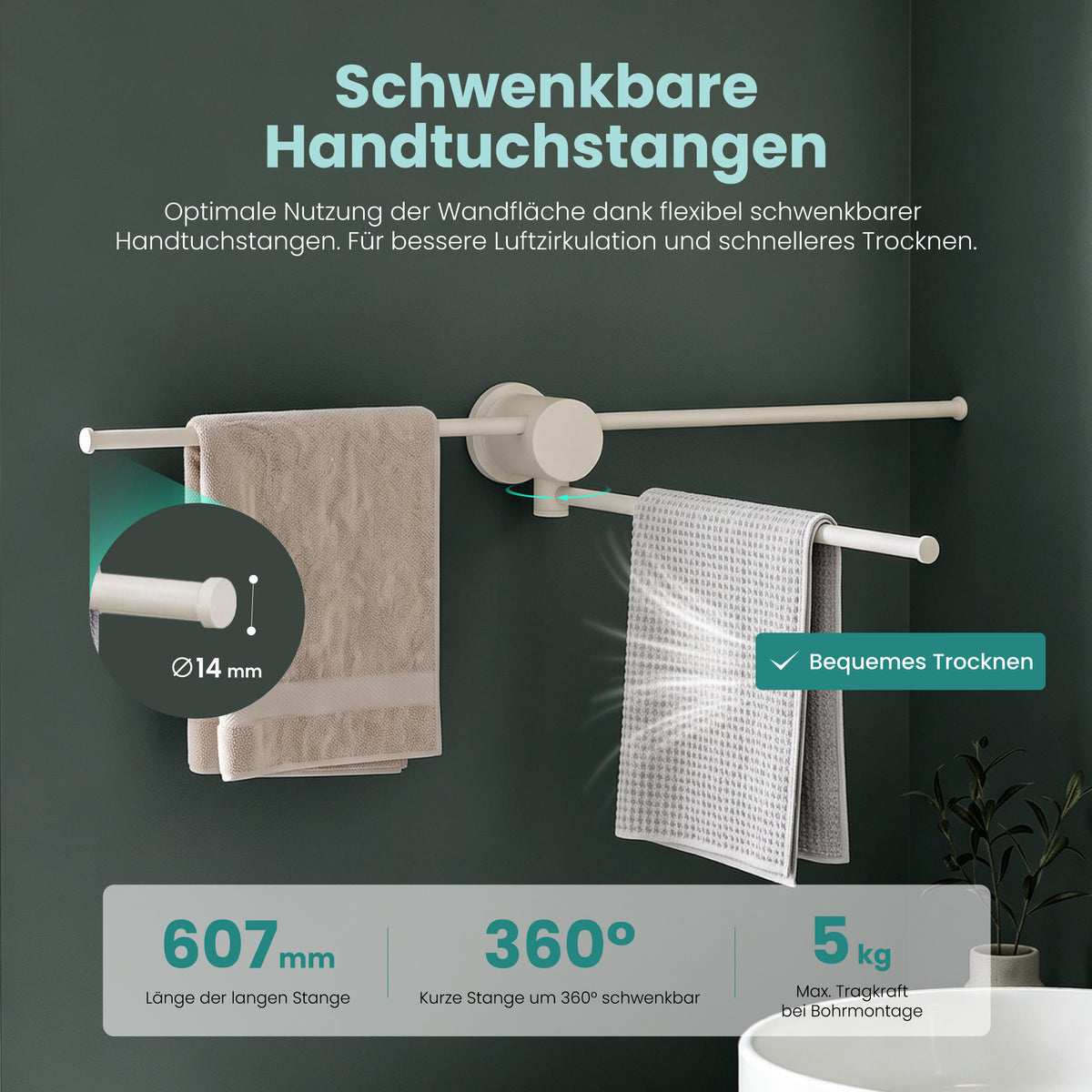 glasvilla Handtuchhalter ohne Bohren, 360° schwenkbar, Wand-Handtuchhalter aus Aluminium, 60,7 cm, selbstklebend oder zum Bohren, verstellbar, für Hand- & Badetücher, Tavrin-08