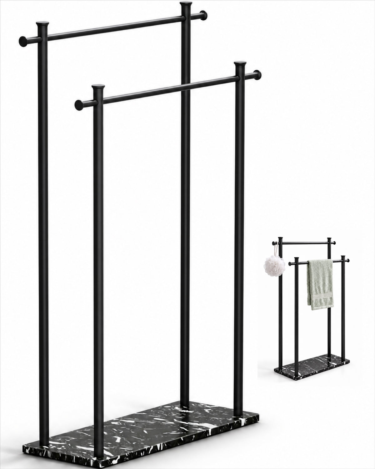glasvilla Handtuchständer freistehend mit 2 Stangen, Handtuchhalter stehend Handtuchhalter ohne Bohren 55 × 20 × 82,5 , Edelstahl, Mineralstein-Sockel mit Ablage, Tavrin-09