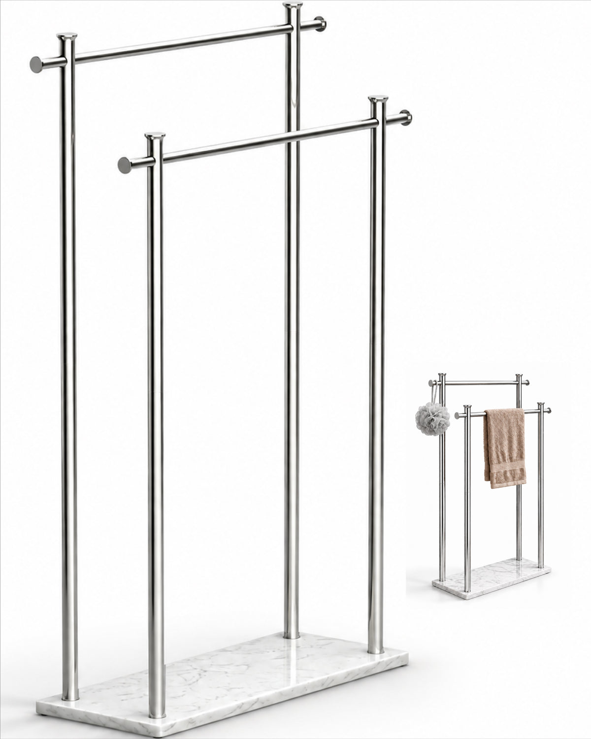 glasvilla Handtuchständer freistehend mit 2 Stangen, Handtuchhalter stehend Handtuchhalter ohne Bohren 55 × 20 × 82,5 , Edelstahl, Mineralstein-Sockel mit Ablage, Tavrin-09