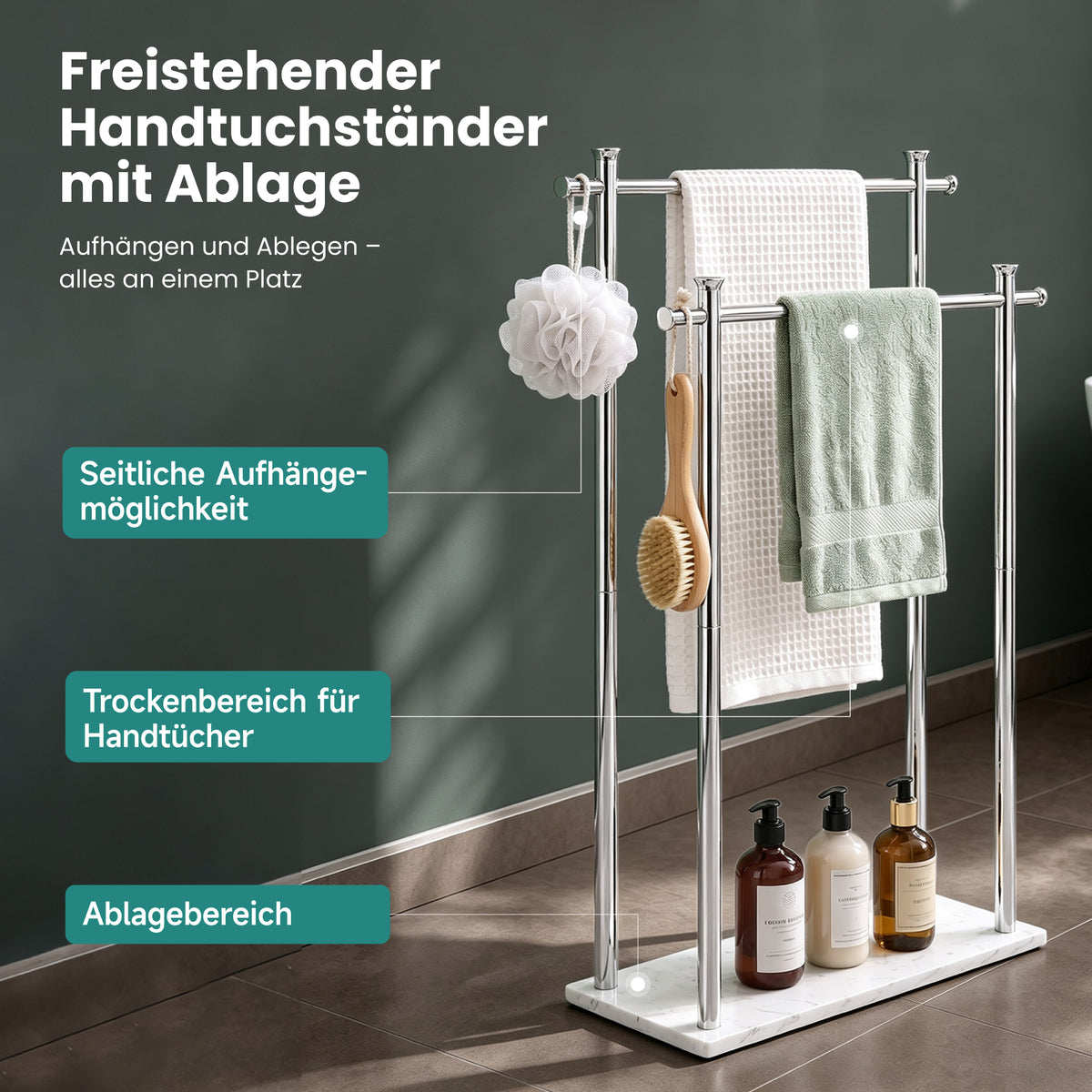 glasvilla Handtuchständer freistehend mit 2 Stangen, Handtuchhalter stehend Handtuchhalter ohne Bohren 55 × 20 × 82,5 , Edelstahl, Mineralstein-Sockel mit Ablage, Tavrin-09
