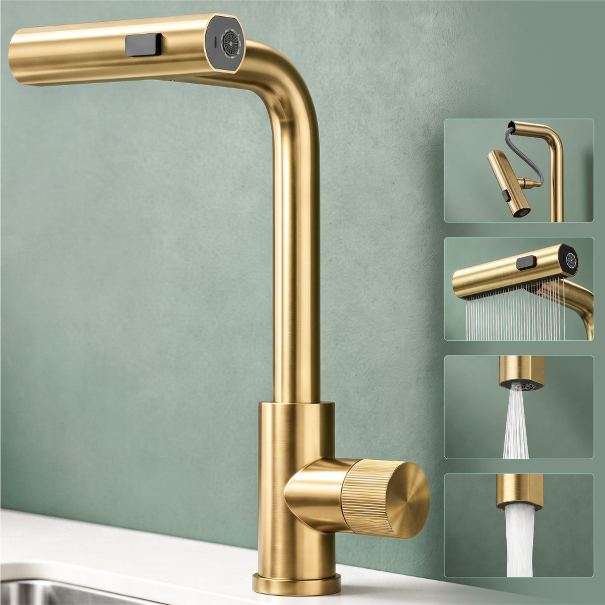 glasvilla Wasserhahn Küche Küchenarmatur mit Brause Ausziehbar, Küchenwasserhahn 360°Schwenkbar 3 Sprühfunktionen, Mischbatterie Spültischarmatur aus Edelstahl Turnix-02