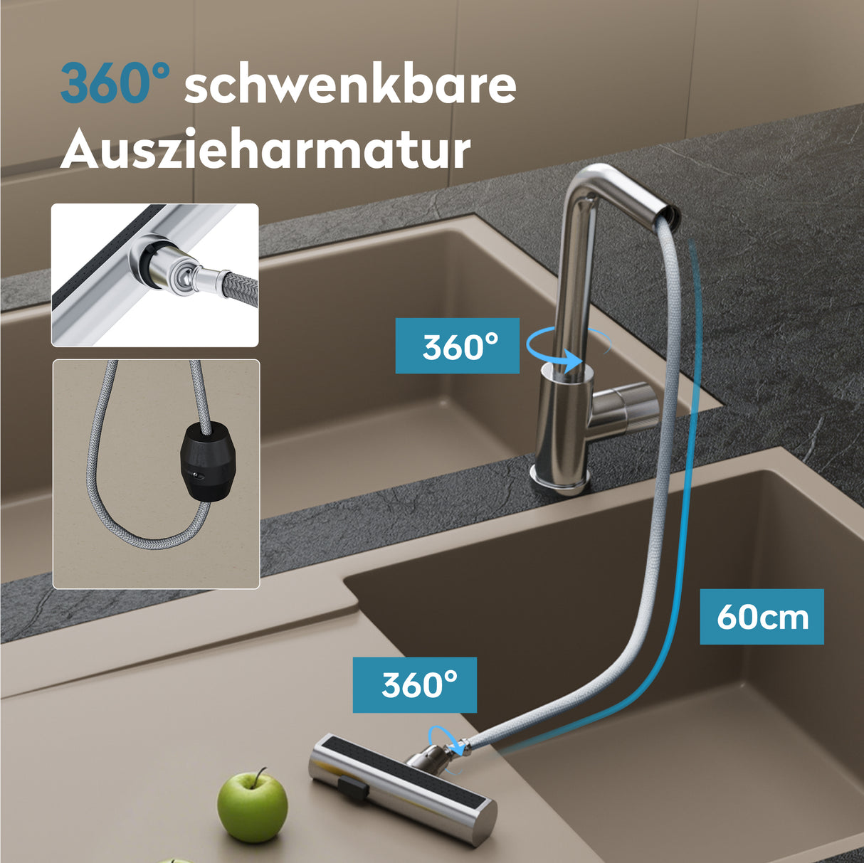 glasvilla Rubinetto per Cucina, 3 Modalità con Doccetta Estraibile, Rubinetto Lavello Cucina in Acciaio Inossidabile 304 con Cartuccia Ceramica, Tubi e Accessorri, Design Moderno Turnix-02