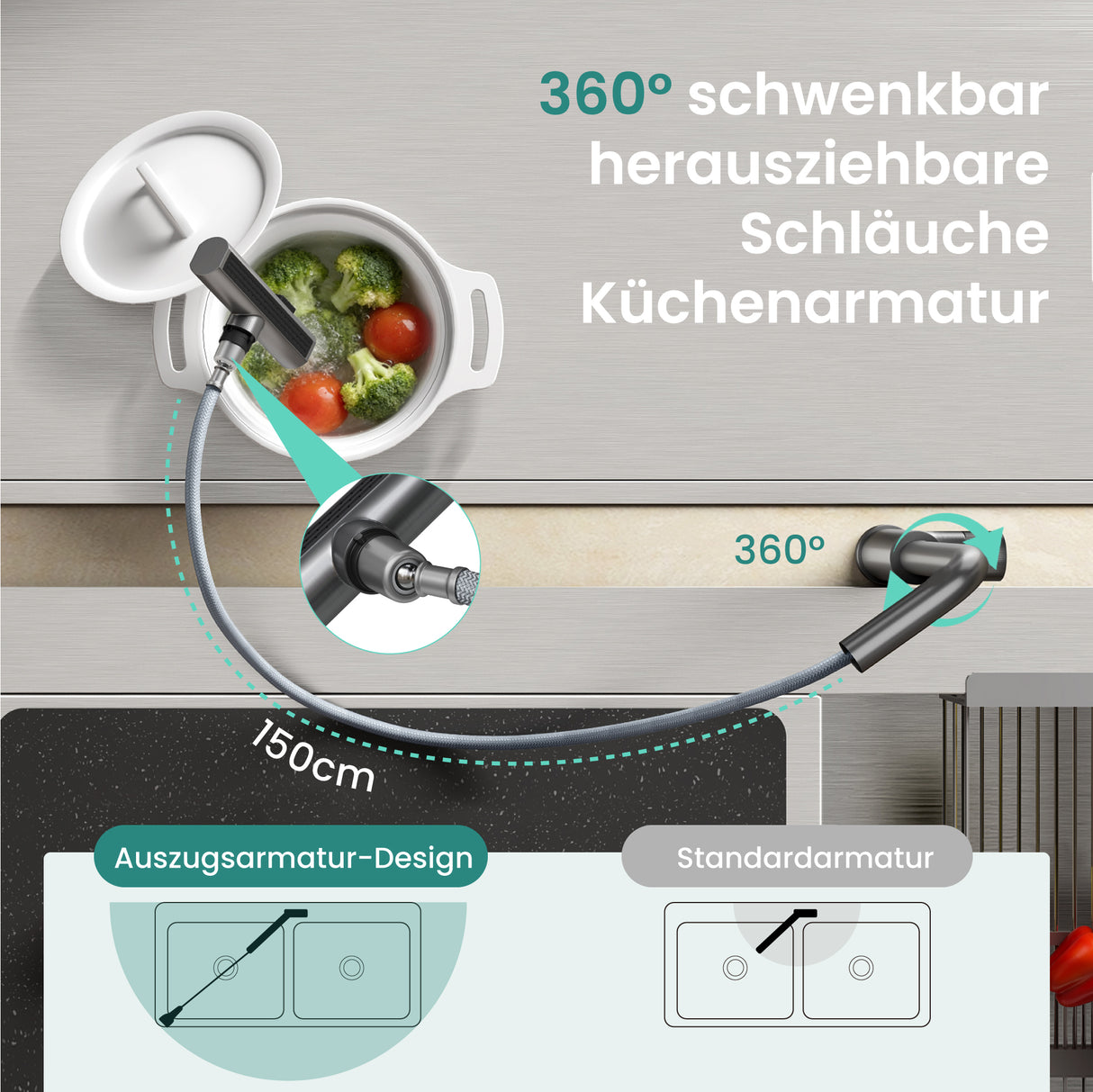 glasvilla Rubinetto per Cucina, 3 Modalità con Doccetta Estraibile, Rubinetto Lavello Cucina in Acciaio Inossidabile 304 con Cartuccia Ceramica, Tubi e Accessorri, Design Moderno Turnix-02