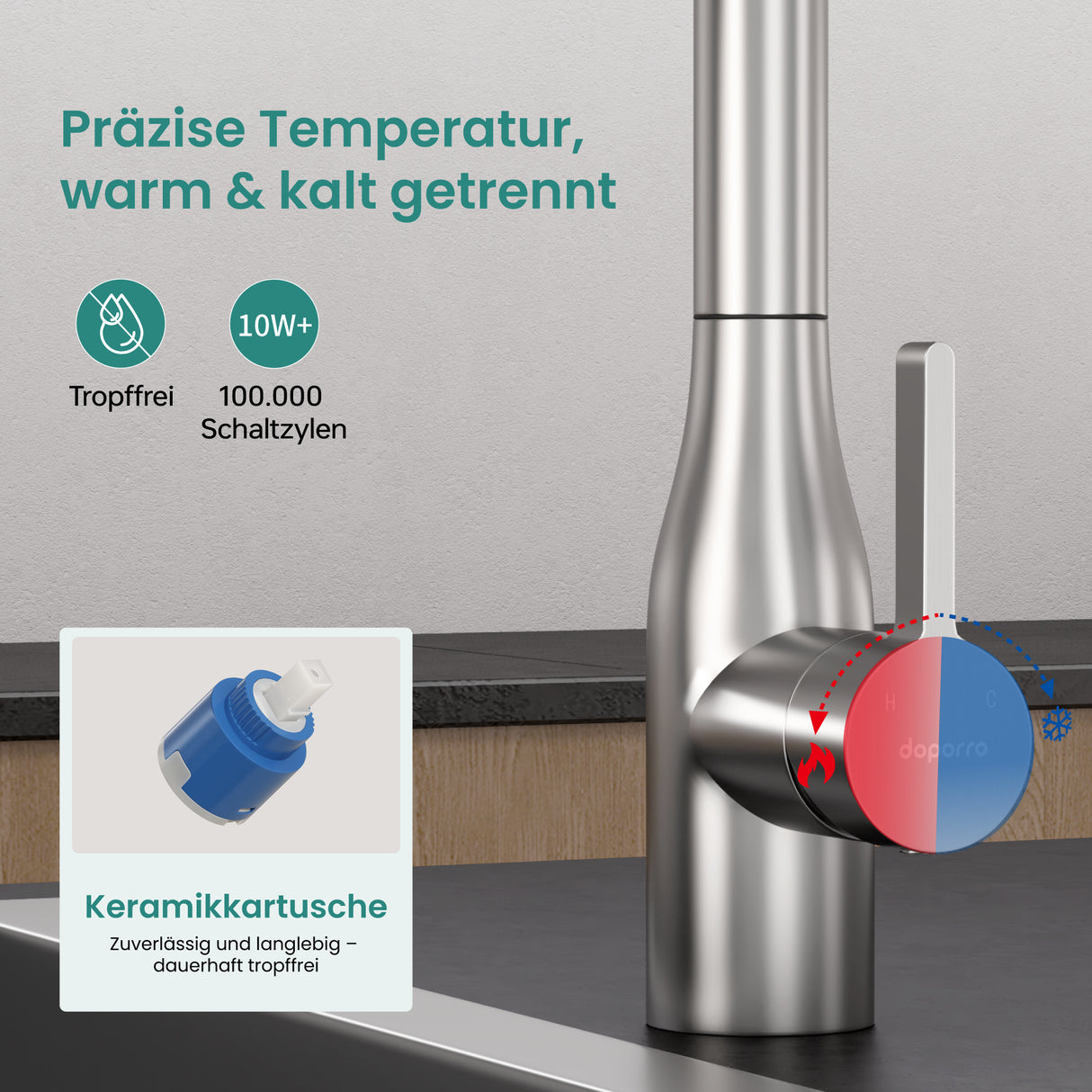 glasvilla Wasserhahn Küche Küchenarmatur mit Brause Ausziehbar, Küchenwasserhahn 360°Schwenkbar, Mischbatterie Spültischarmatur aus Edelstahl Turnix-04