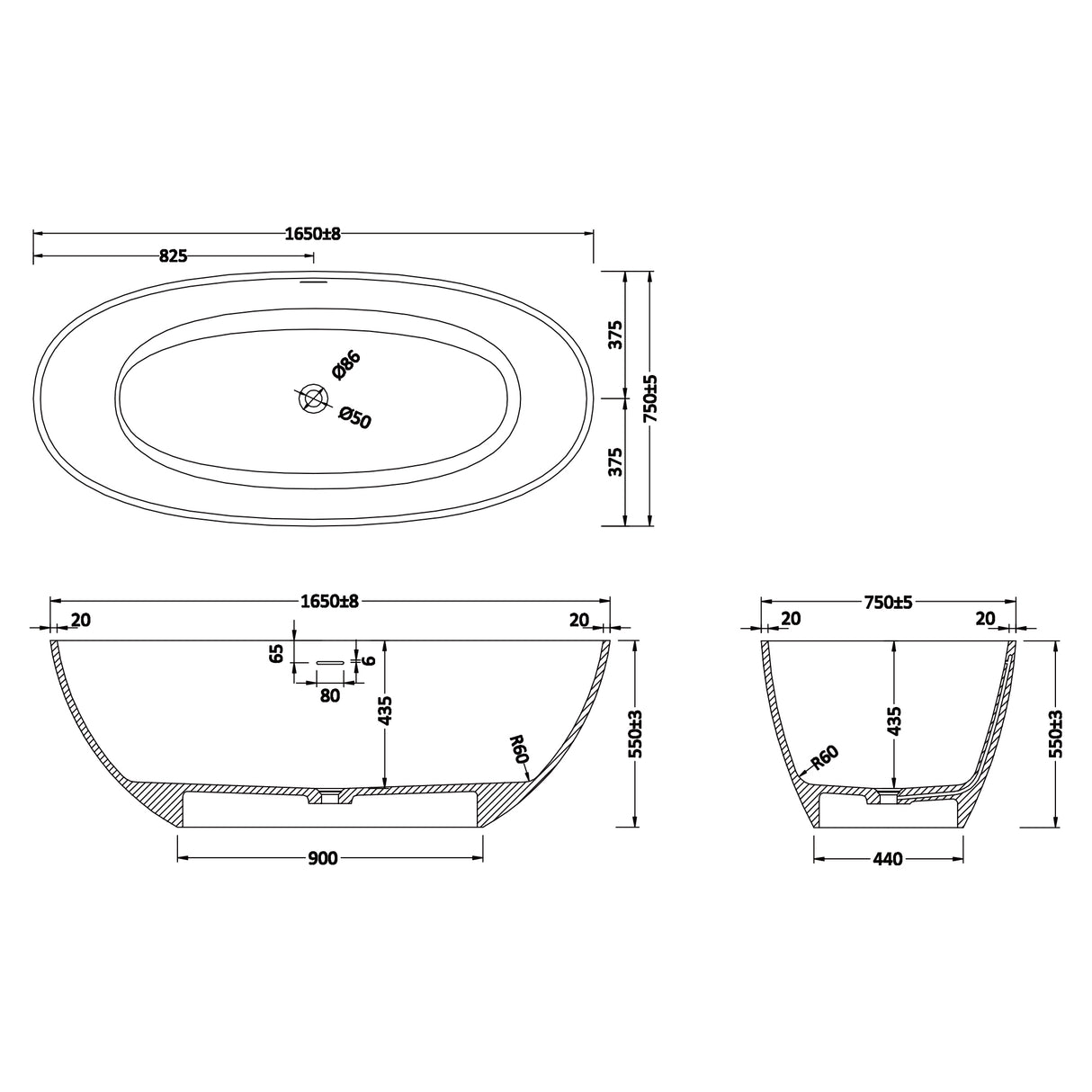 glasvilla Bañera independiente Blanco mate de mineral fundido Bañera de pie incl. sellado Nano