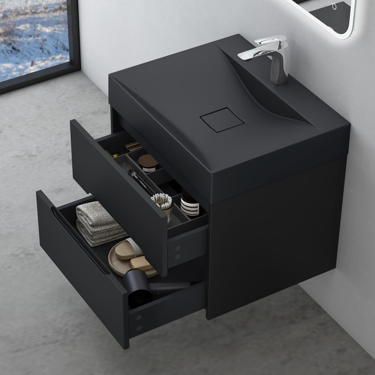 glasvilla Badmöbel-Set Badezimmermöbel Waschbeckenunterschrank mit Softclose Schubladen inkl. Mineralguss Waschbecken Yoga