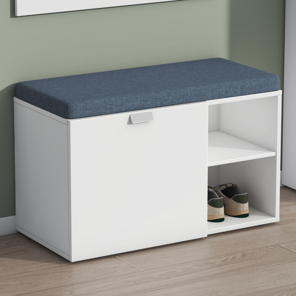 glasvilla Schuhbank mit Sitzfläche, Schuhregal mit Schiebetüren und offenen Fächern, gepolsterter Sitz, verstellbare Ablagen 80x37x50cm Zitta-01