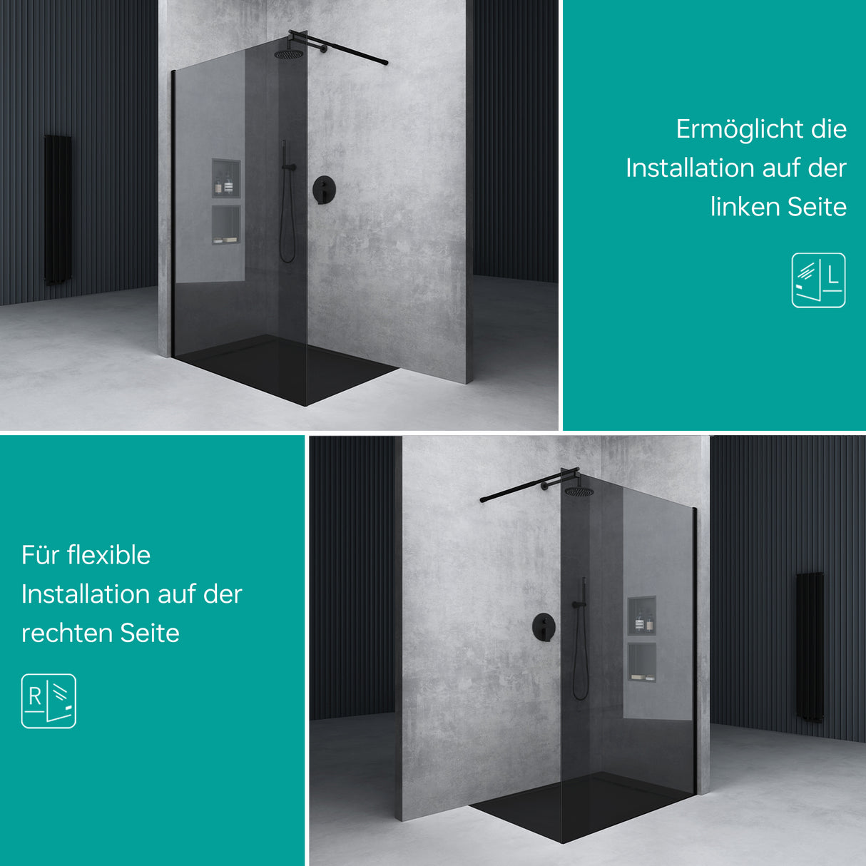 glasvilla Duschwand für Dusche Duschabtrennung Walk-In ESG-Sicherheitsglas 10mm NANO Glas BRAM1&BRAM3 Bremen2 Schwarz
