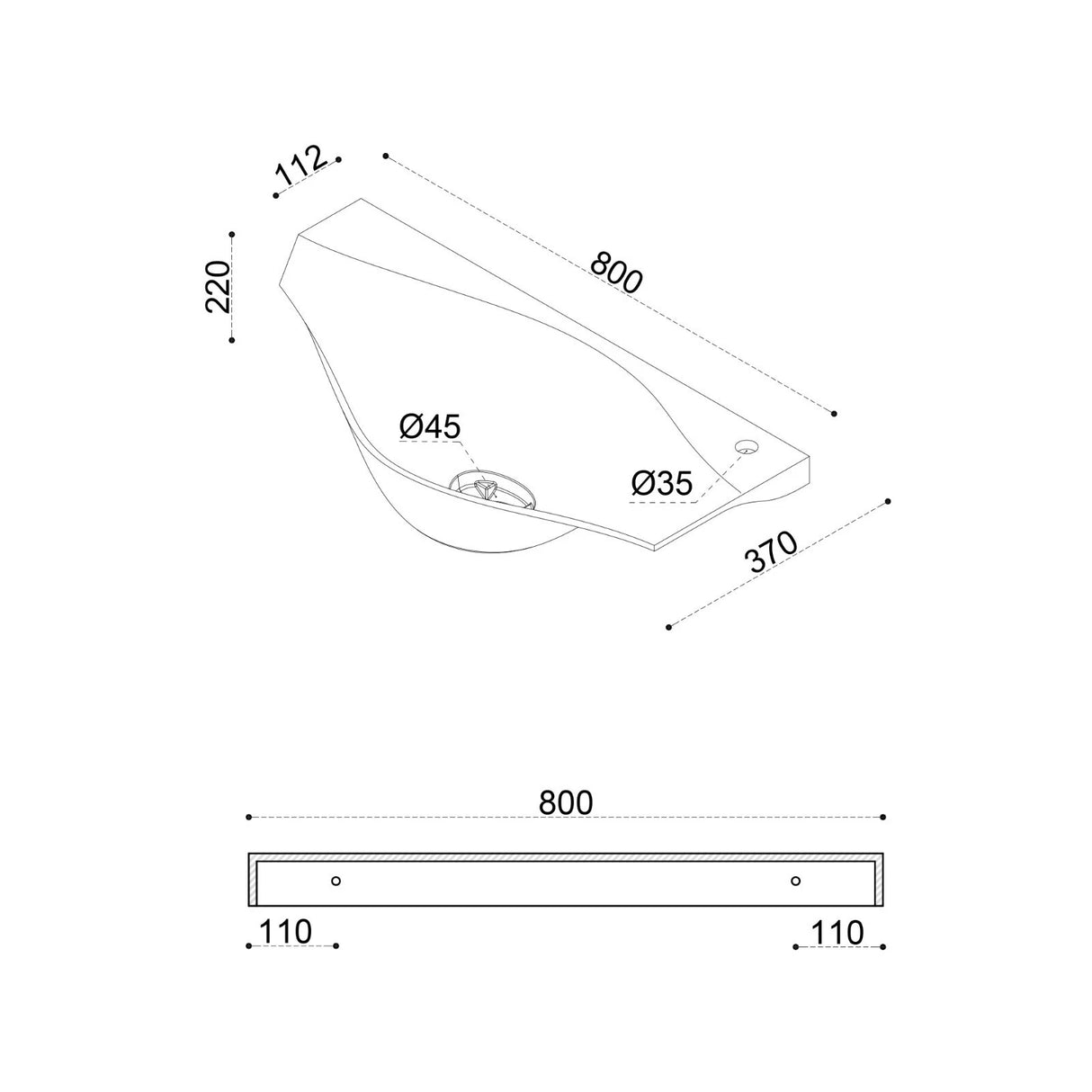 glasvilla Design Waschbecken Hängewaschtisch BTH: 80x37x22cm in Weiß Matt aus Mineralguss mit Ablaufabdeckung Waschschale Col816
