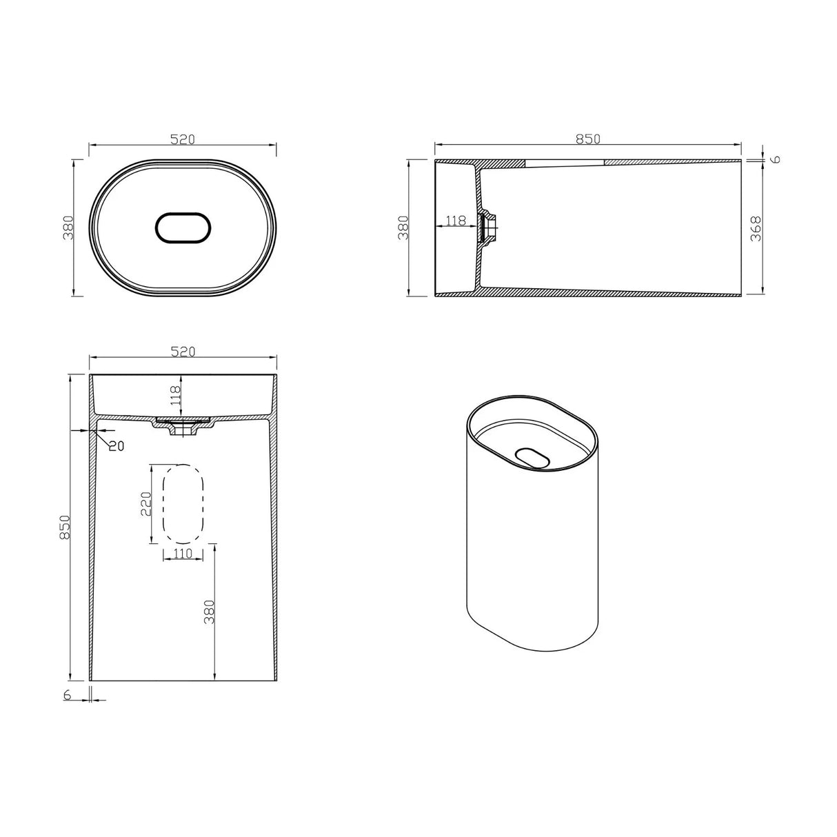 glasvilla Design Standwaschbecken freistehend Col45 weiß, aus Mineralguss, Waschtisch, BTH: 52x38x85cm