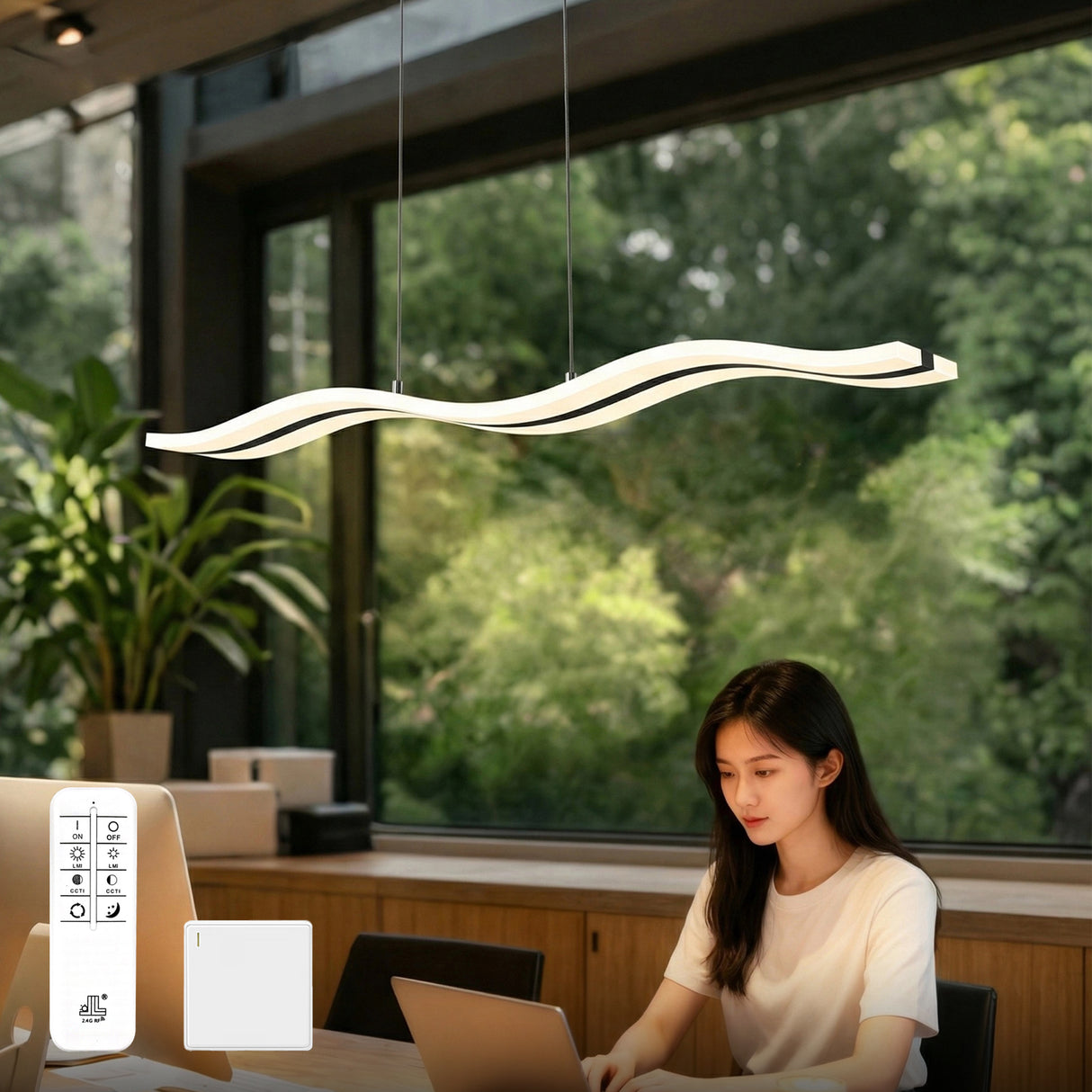 Suspension Glasvilla 97 cm, lampe LED dimmable avec télécommande, température de couleur 3000K/4000K/6000K, câble ajustable, 36 W, idéale pour salle à manger, salon ou chambre.